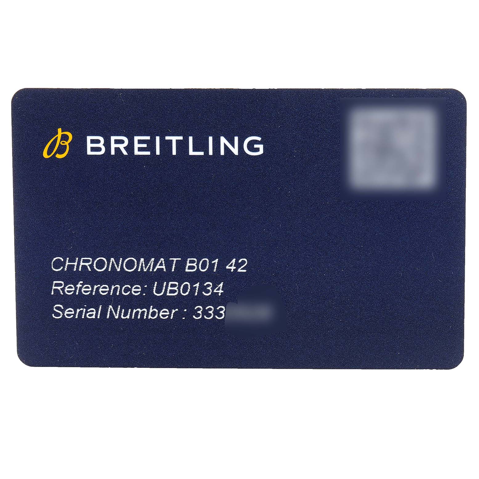 The image shows a Breitling Chronomat UB0134101C1U1 Men's Steel and Gold (two tone) Grey Dial UB0134101C1U1 Men's Steel and Gold (two tone) Grey Dial model B01 42 warranty card.