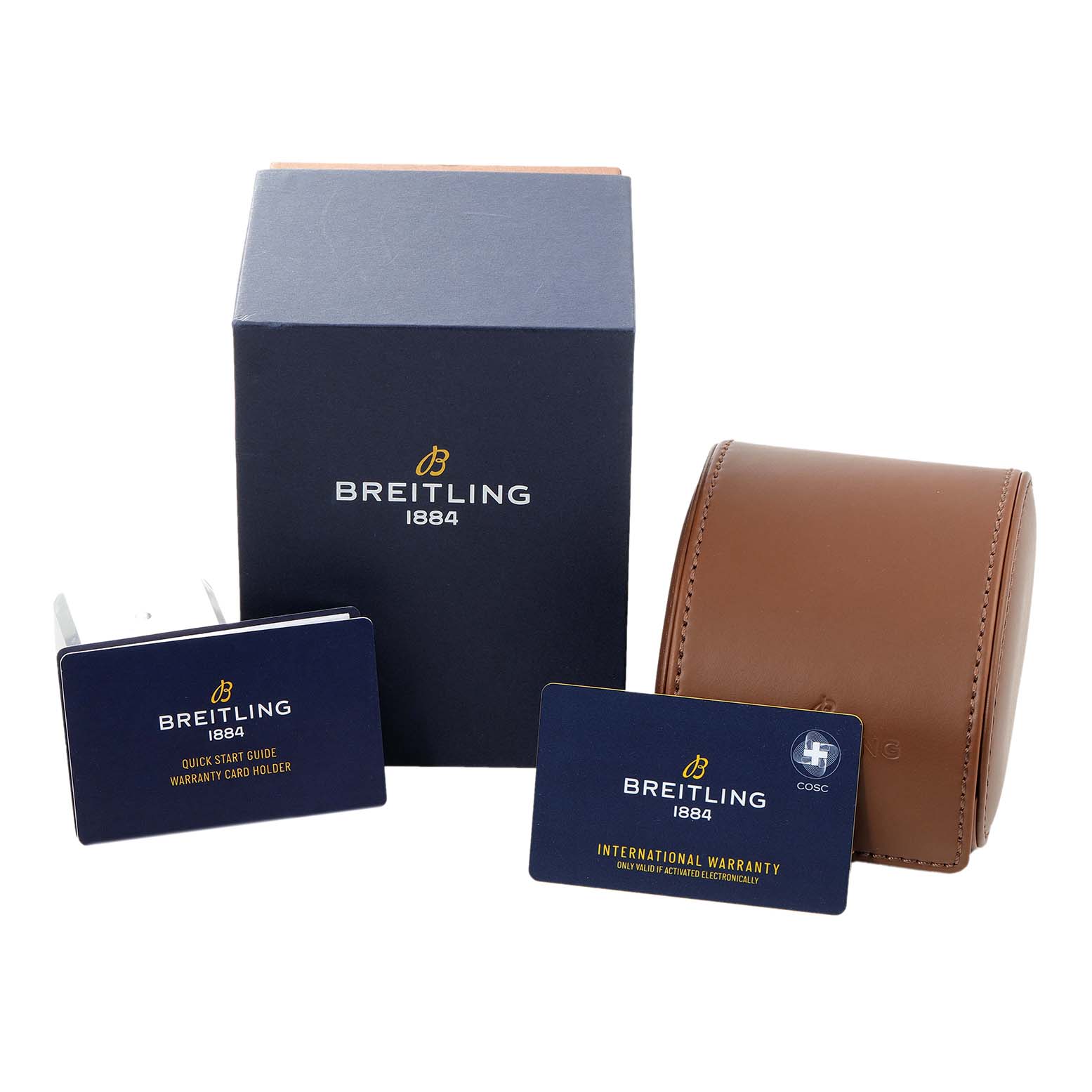 The image shows the packaging and accessories of a Breitling Chronomat UB0134101C1U1 Men's Steel and Gold (two tone) Grey Dial UB0134101C1U1 Men's Steel and Gold (two tone) Grey Dial watch, including the box, warranty card holder, and leather travel case.