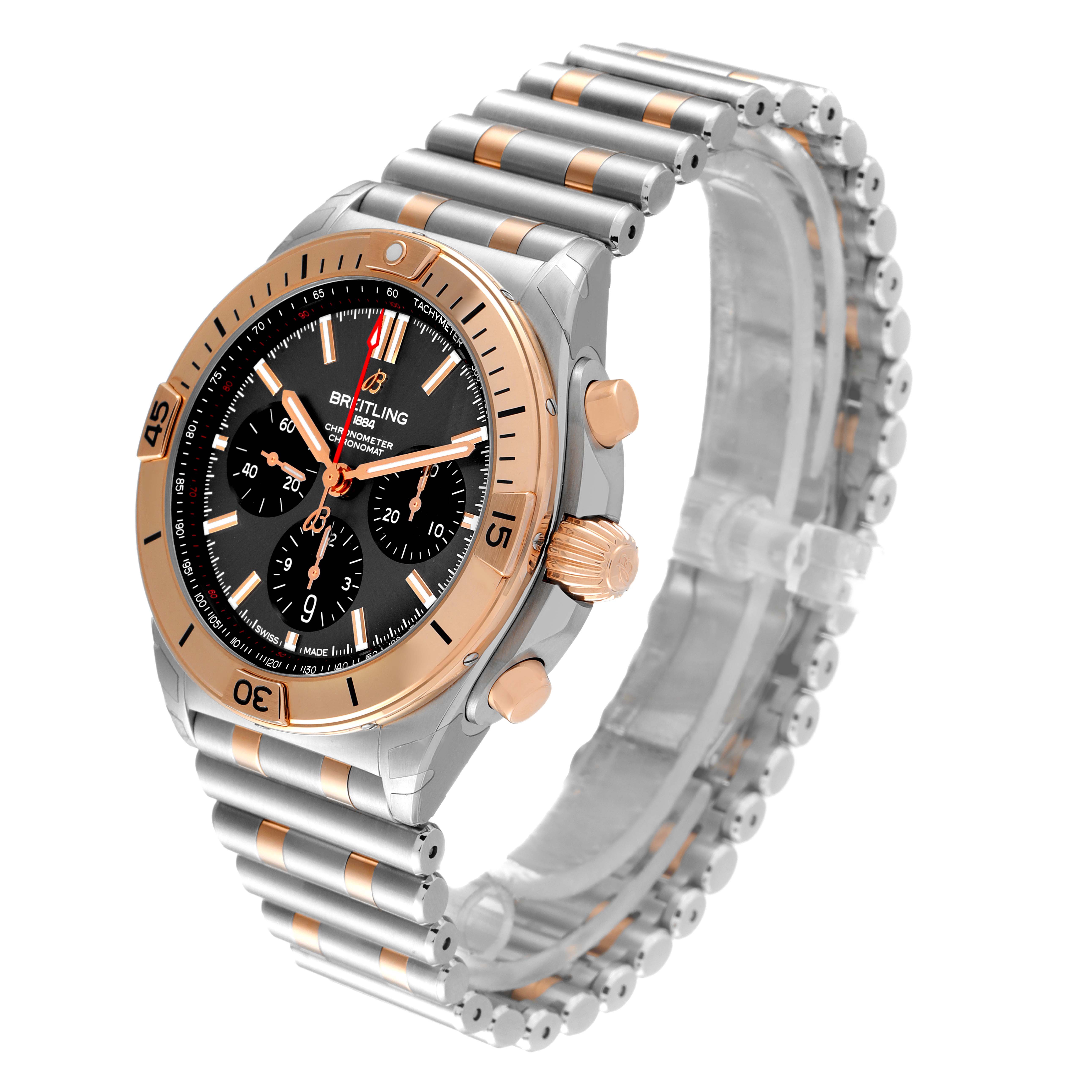 The Breitling Chronomat UB0134101C1U1 Men's Steel and Gold (two tone) Grey Dial UB0134101C1U1 Men's Steel and Gold (two tone) Grey Dial watch is shown at a 3/4 angle, displaying its bezel, dial, crown, pushers, and bracelet.