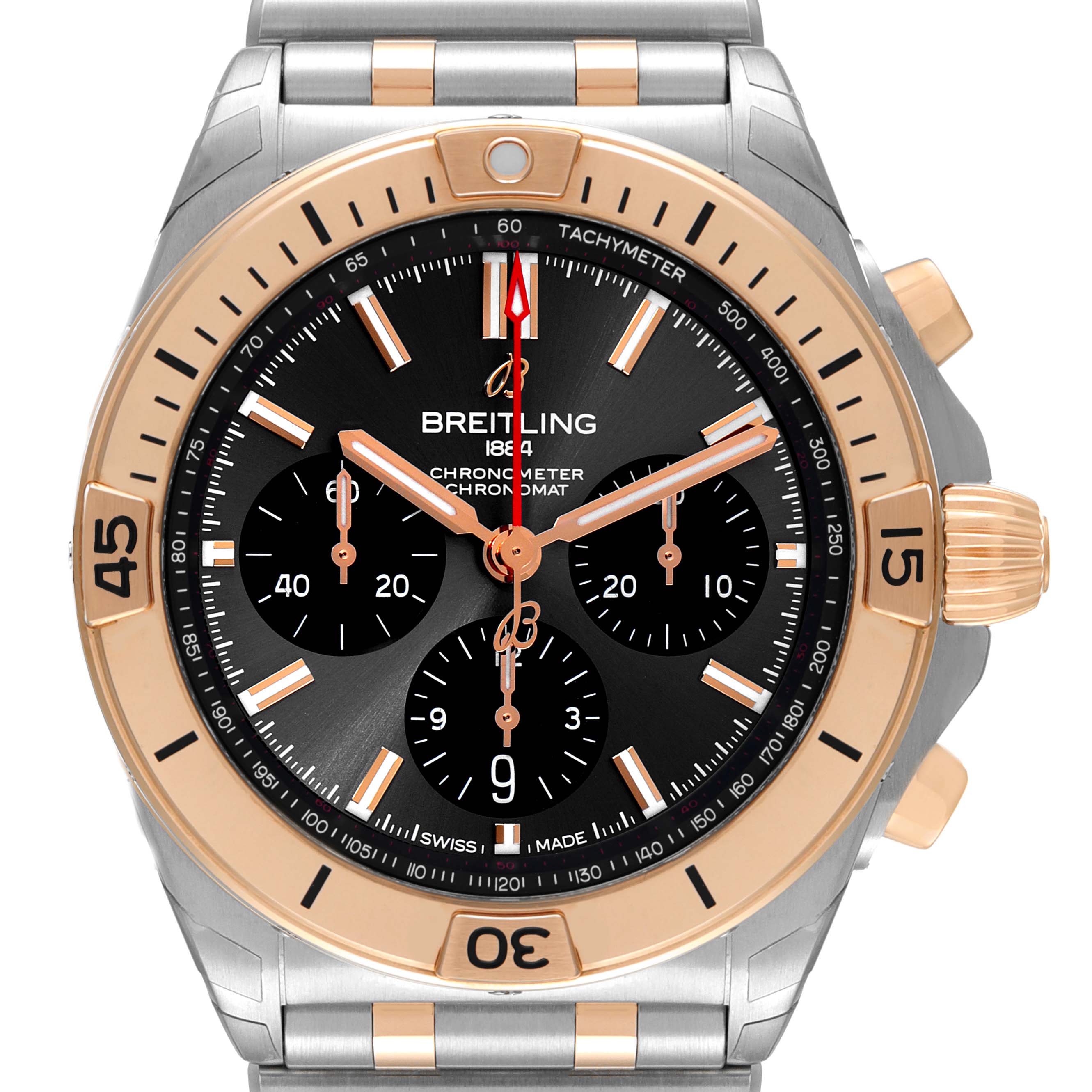 The image shows a front view of the Breitling Chronomat UB0134101C1U1 Men's Steel and Gold (two tone) Grey Dial UB0134101C1U1 Men's Steel and Gold (two tone) Grey Dial watch, featuring its bezel, dial, and chronograph subdials.