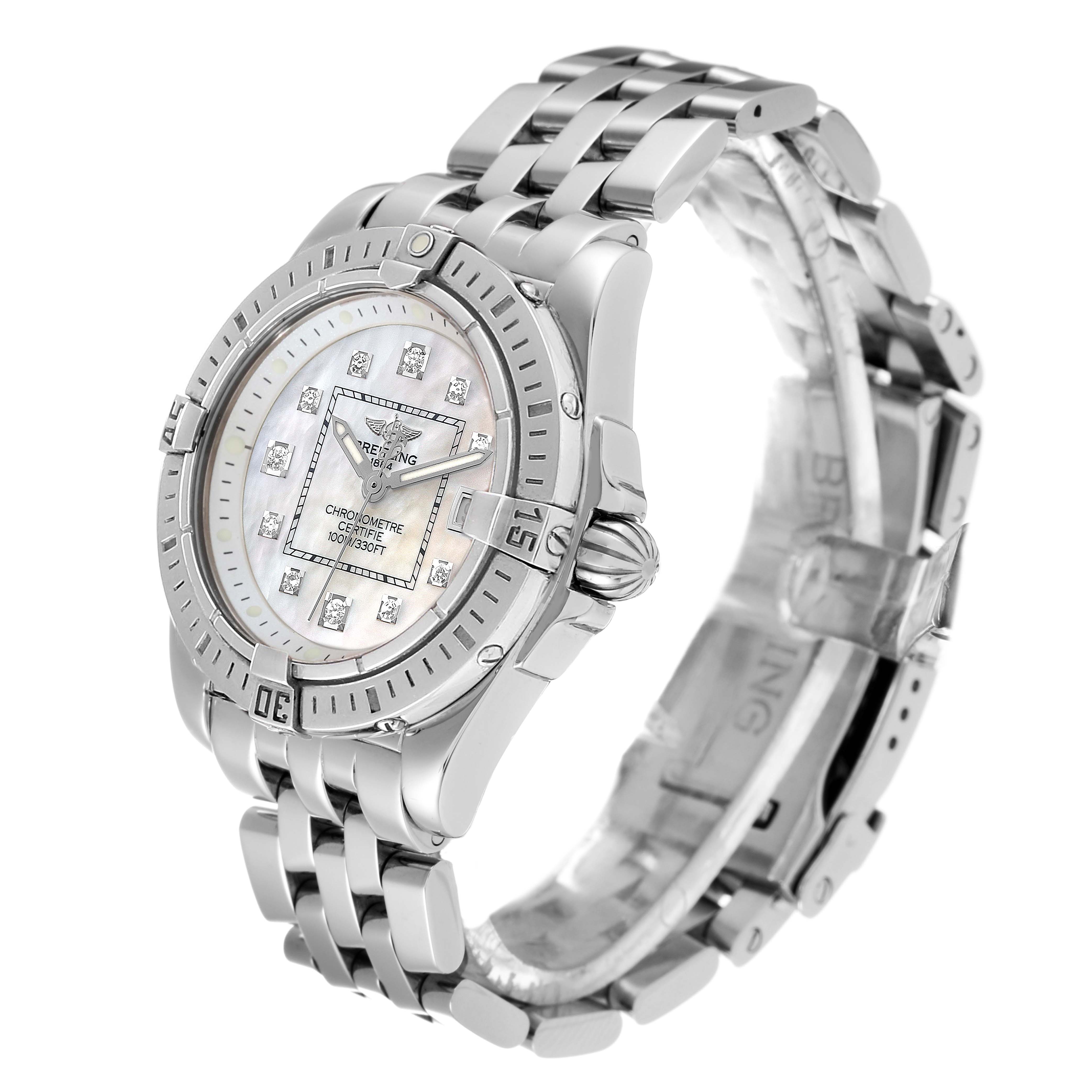 The Breitling A71356 Women's Stainless Steel Mother of Pearl Dial A71356 Women's Stainless Steel Mother of Pearl Dial Cockpit Mother of Pearl Diamond Steel Ladies Watch A71356 is shown from a front angle, highlighting the bracelet, dial, and bezel.