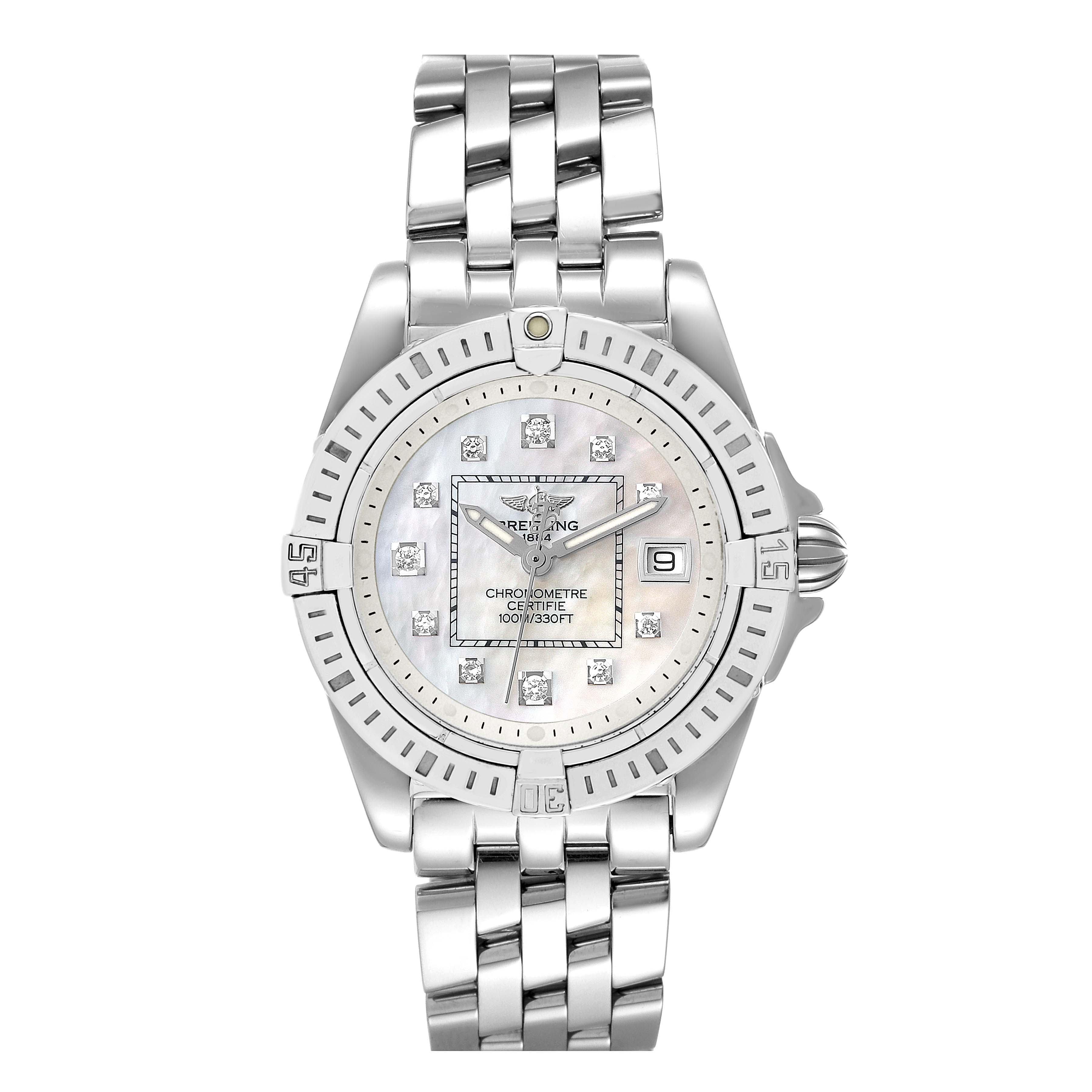 The image displays a front view of the Breitling A71356 Women's Stainless Steel Mother of Pearl Dial A71356 Women's Stainless Steel Mother of Pearl Dial Cockpit Mother of Pearl Diamond Steel Ladies Watch A71356.