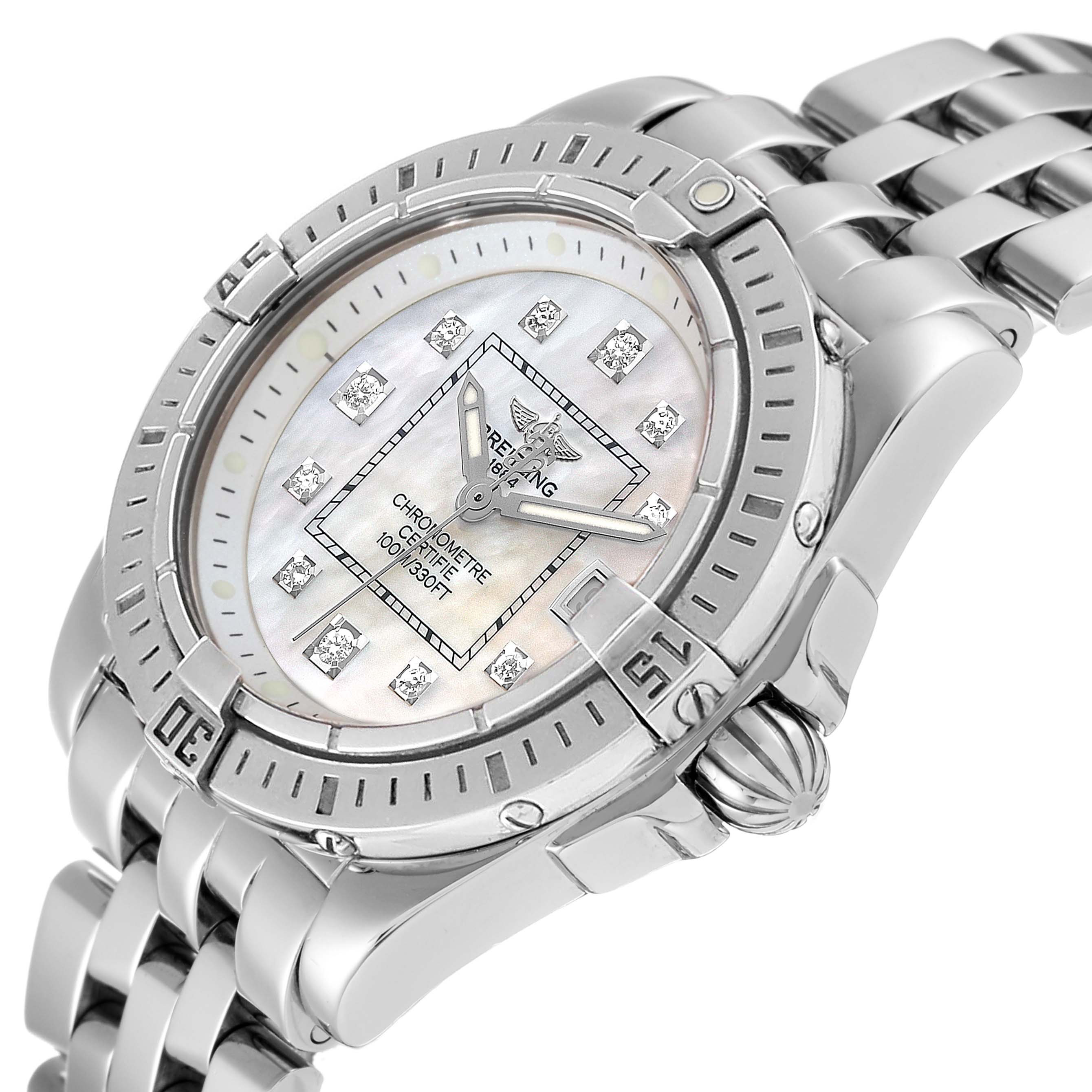 The image shows a near-side angle of the Breitling A71356 Women's Stainless Steel Mother of Pearl Dial A71356 Women's Stainless Steel Mother of Pearl Dial A71356 Cockpit Mother of Pearl Diamond Steel Ladies Watch, highlighting its dial, bezel, and bracelet.