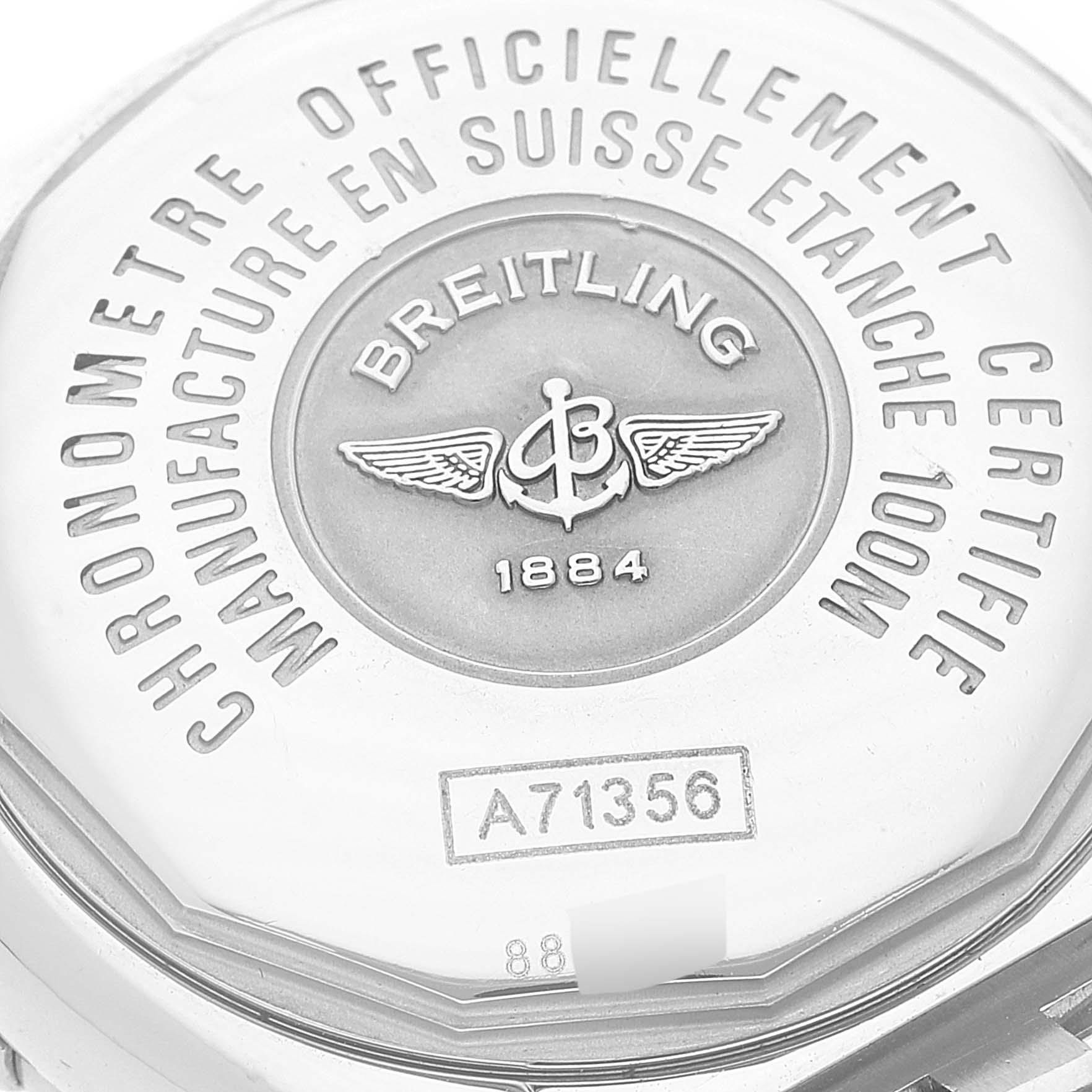 The image shows the back casing of the Breitling A71356 Women's Stainless Steel Mother of Pearl Dial A71356 Women's Stainless Steel Mother of Pearl Dial Cockpit Mother of Pearl Diamond Steel Ladies Watch A71356, displaying branding and specifications.