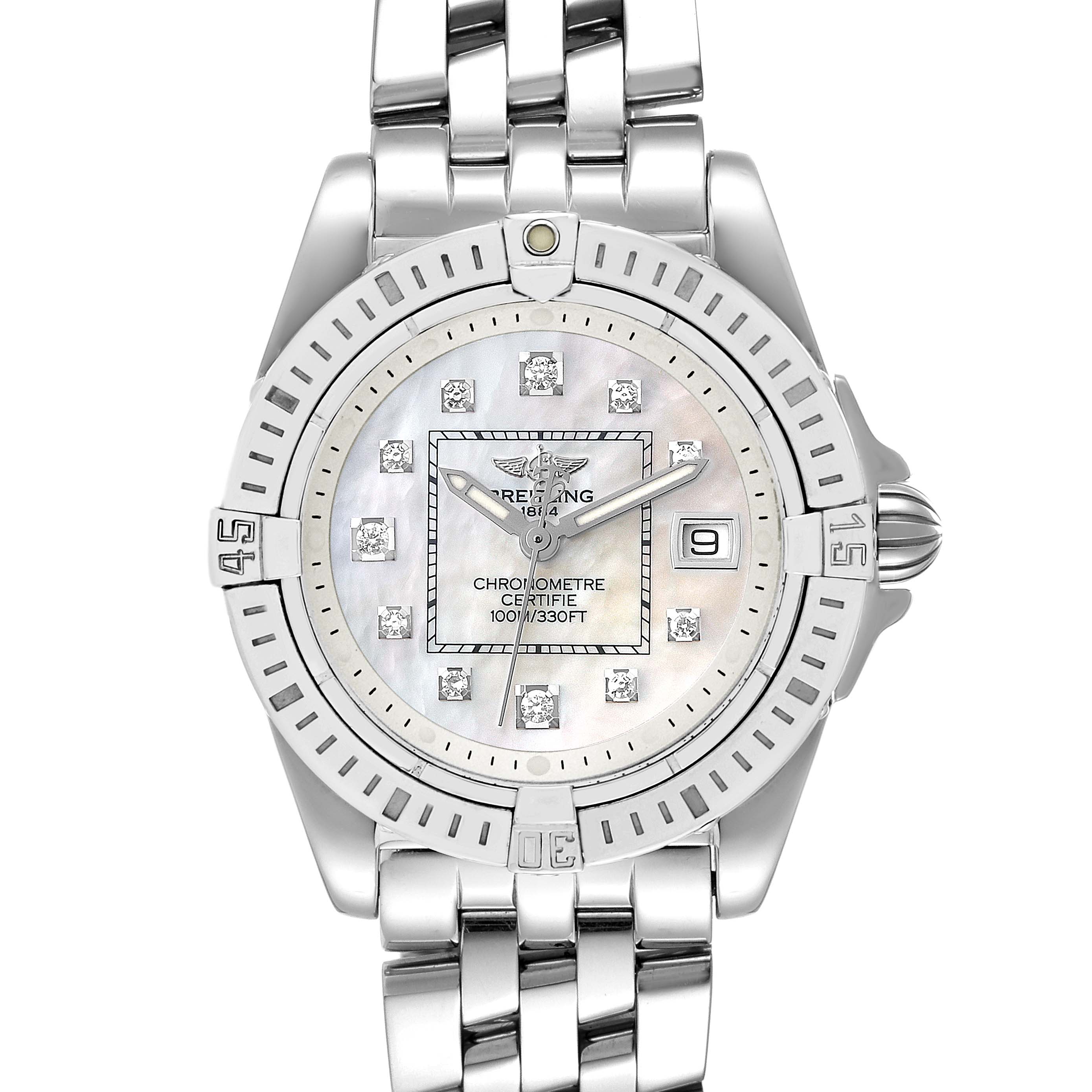 This image shows a front view of the Breitling A71356 Women's Stainless Steel Mother of Pearl Dial A71356 Women's Stainless Steel Mother of Pearl Dial Cockpit Mother of Pearl Diamond Steel Ladies Watch A71356 model, highlighting the dial, bezel, and bracelet.