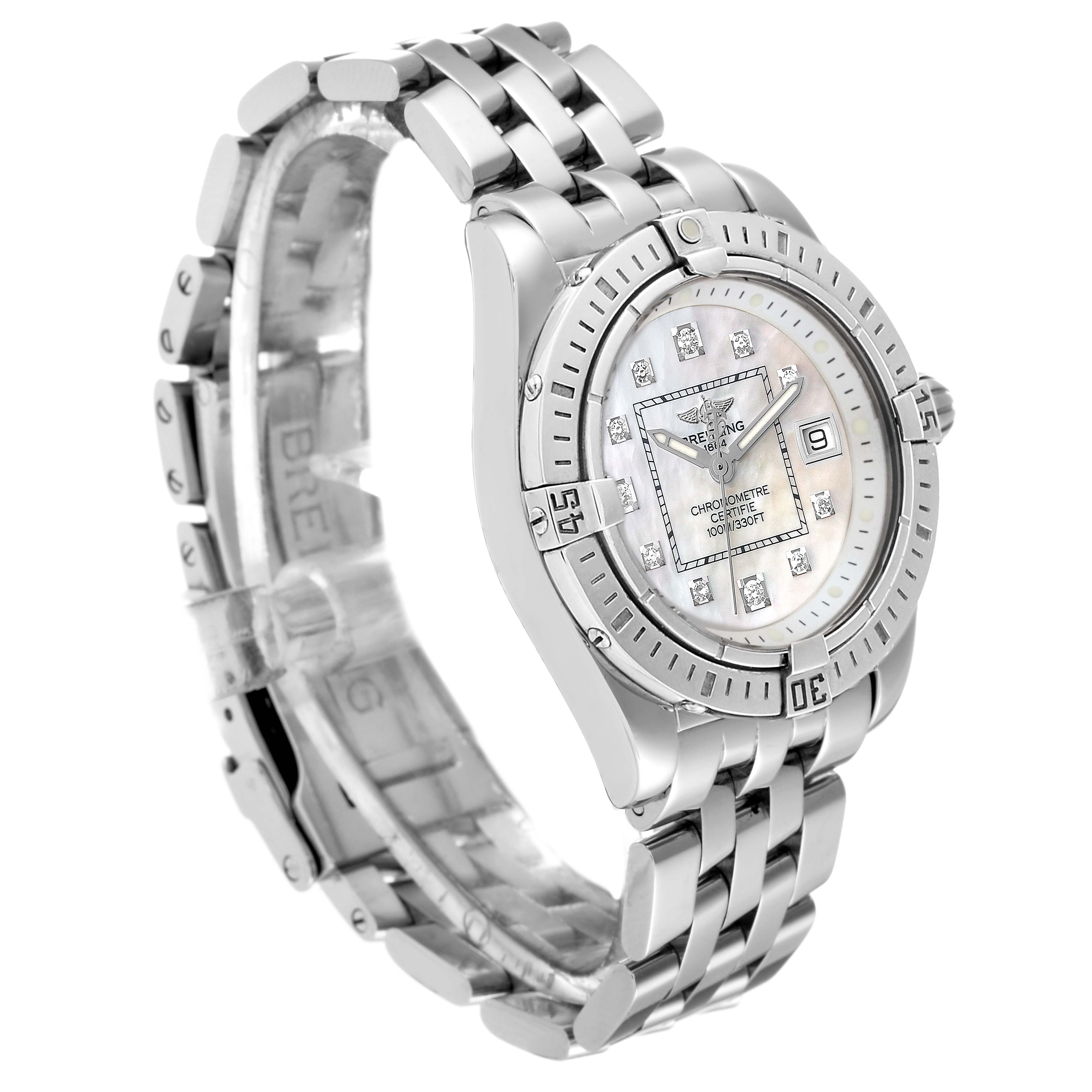 This image shows a side angle of the Breitling A71356 Women's Stainless Steel Mother of Pearl Dial A71356 Women's Stainless Steel Mother of Pearl Dial Cockpit Mother of Pearl Diamond Steel Ladies Watch A71356, highlighting the band and face.