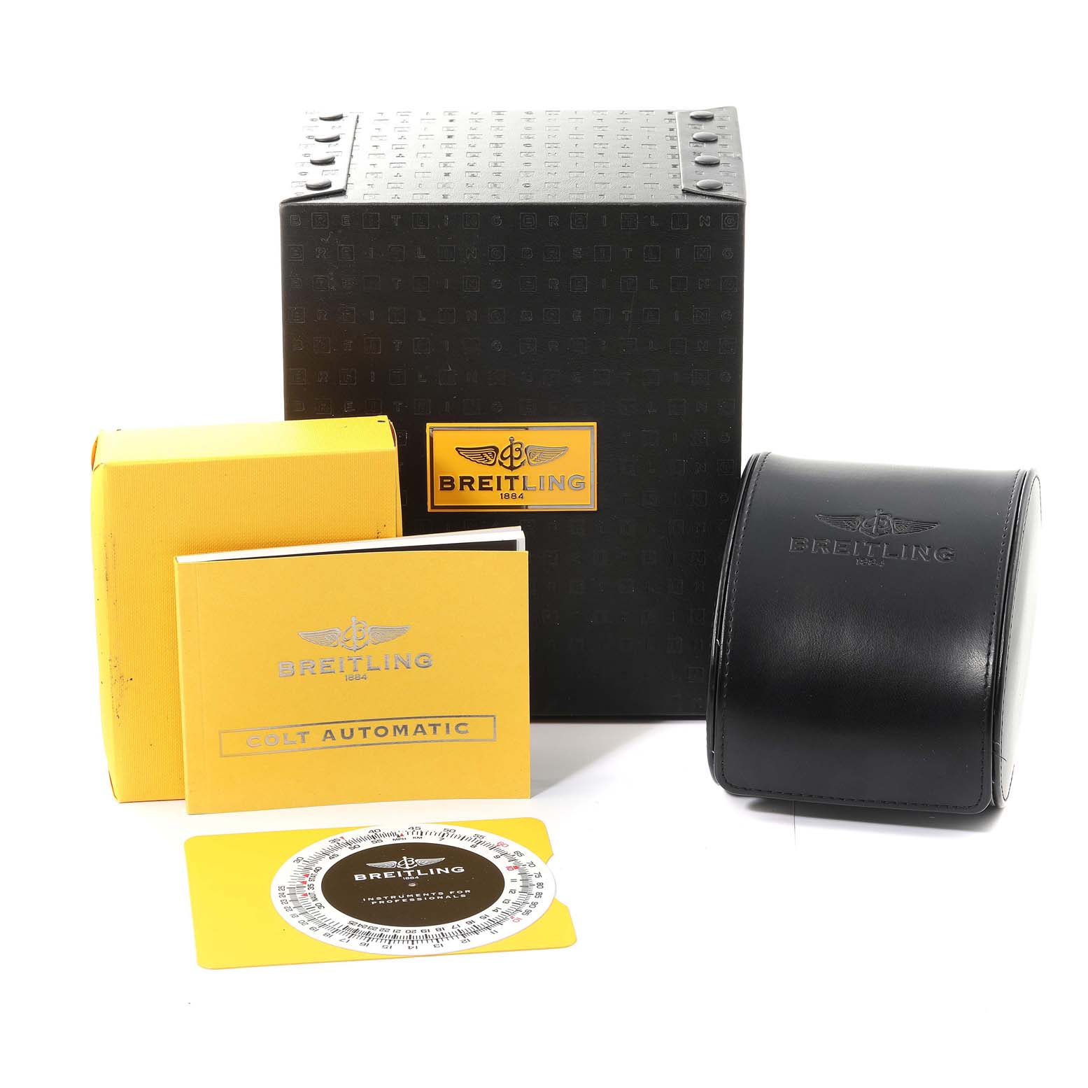 The image shows the packaging, instruction manual, warranty card, and case for the Breitling Colt A17380 Men's Stainless Steel Black Dial A17380 Men's Stainless Steel Black Dial watch.