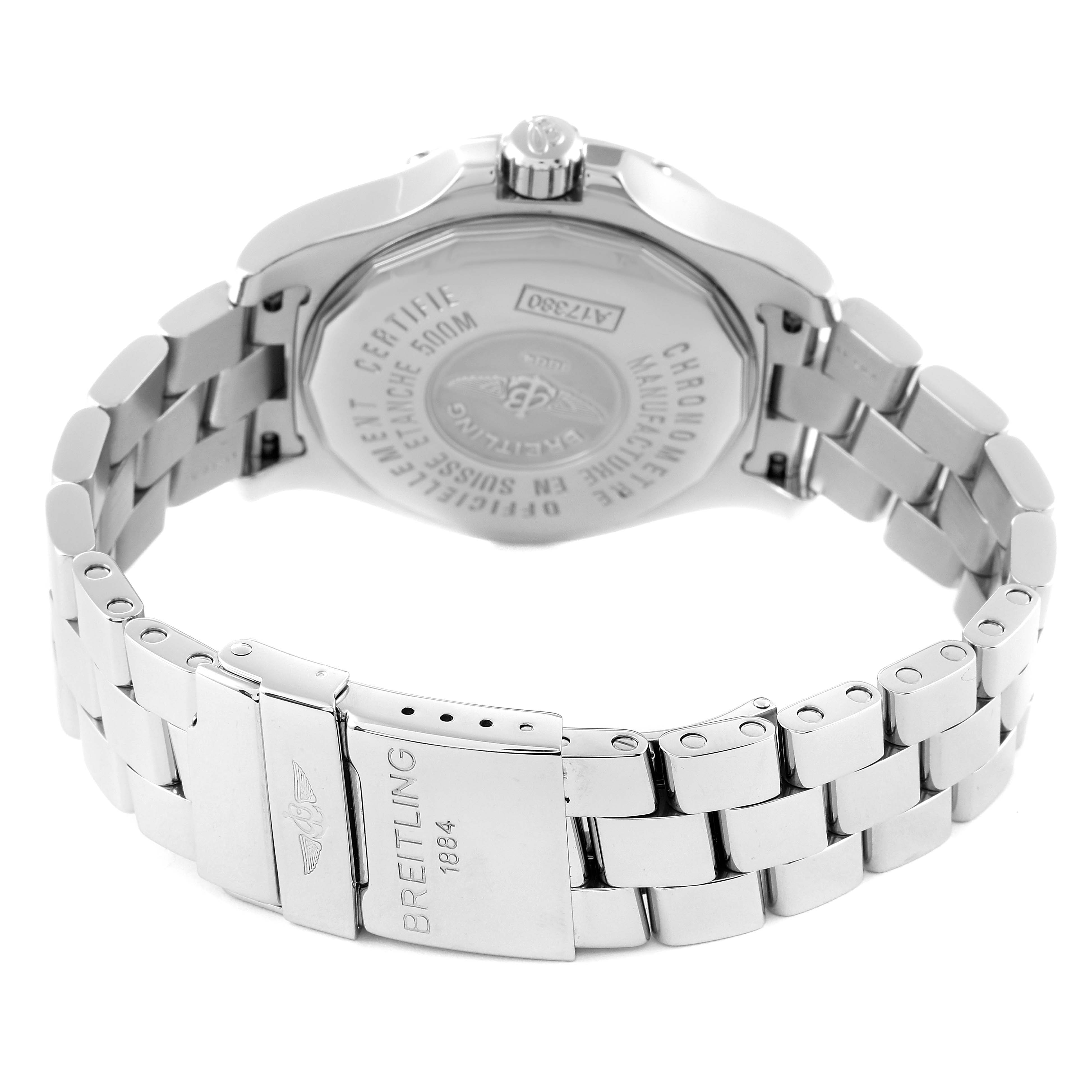 This image shows the back of the Breitling Colt A17380 Men's Stainless Steel Black Dial A17380 Men's Stainless Steel Black Dial watch, highlighting the case back and metal bracelet.