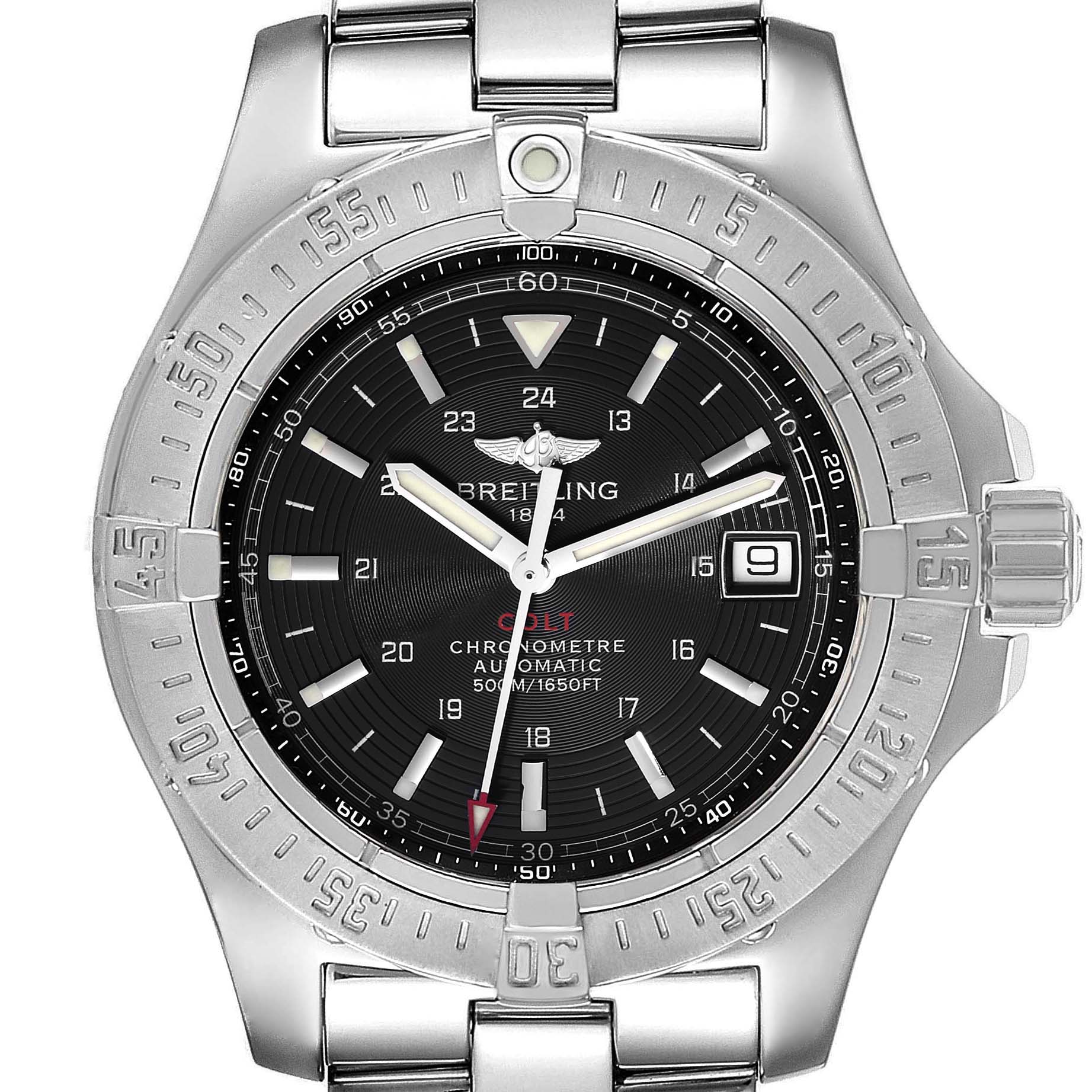 The image shows a frontal view of the Breitling Colt A17380 Men's Stainless Steel Black Dial A17380 Men's Stainless Steel Black Dial model watch, highlighting the dial, bezel, hands, and part of the bracelet.