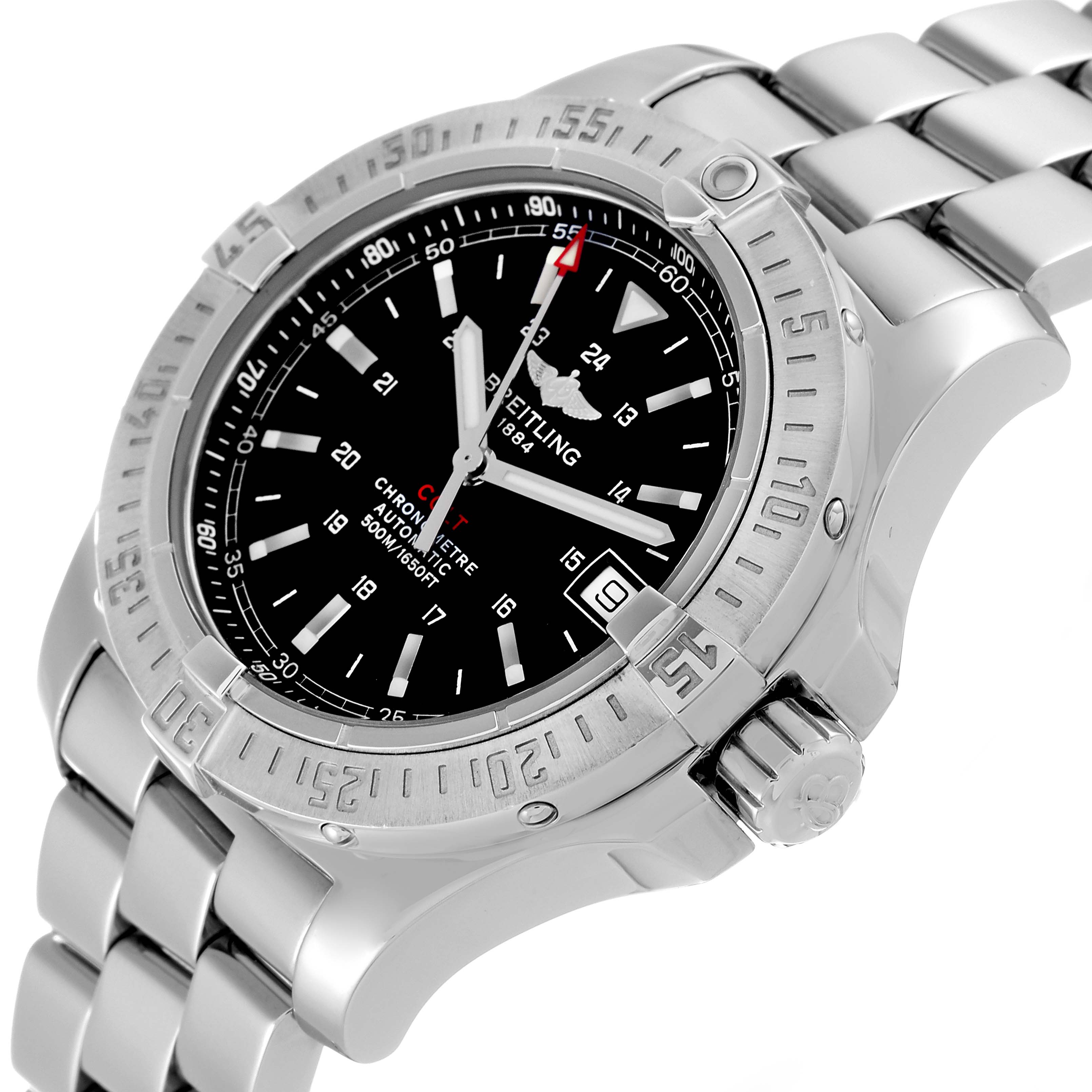The Breitling Colt A17380 Men's Stainless Steel Black Dial A17380 Men's Stainless Steel Black Dial watch is shown at a three-quarter angle, highlighting the bezel, dial, case, and bracelet.