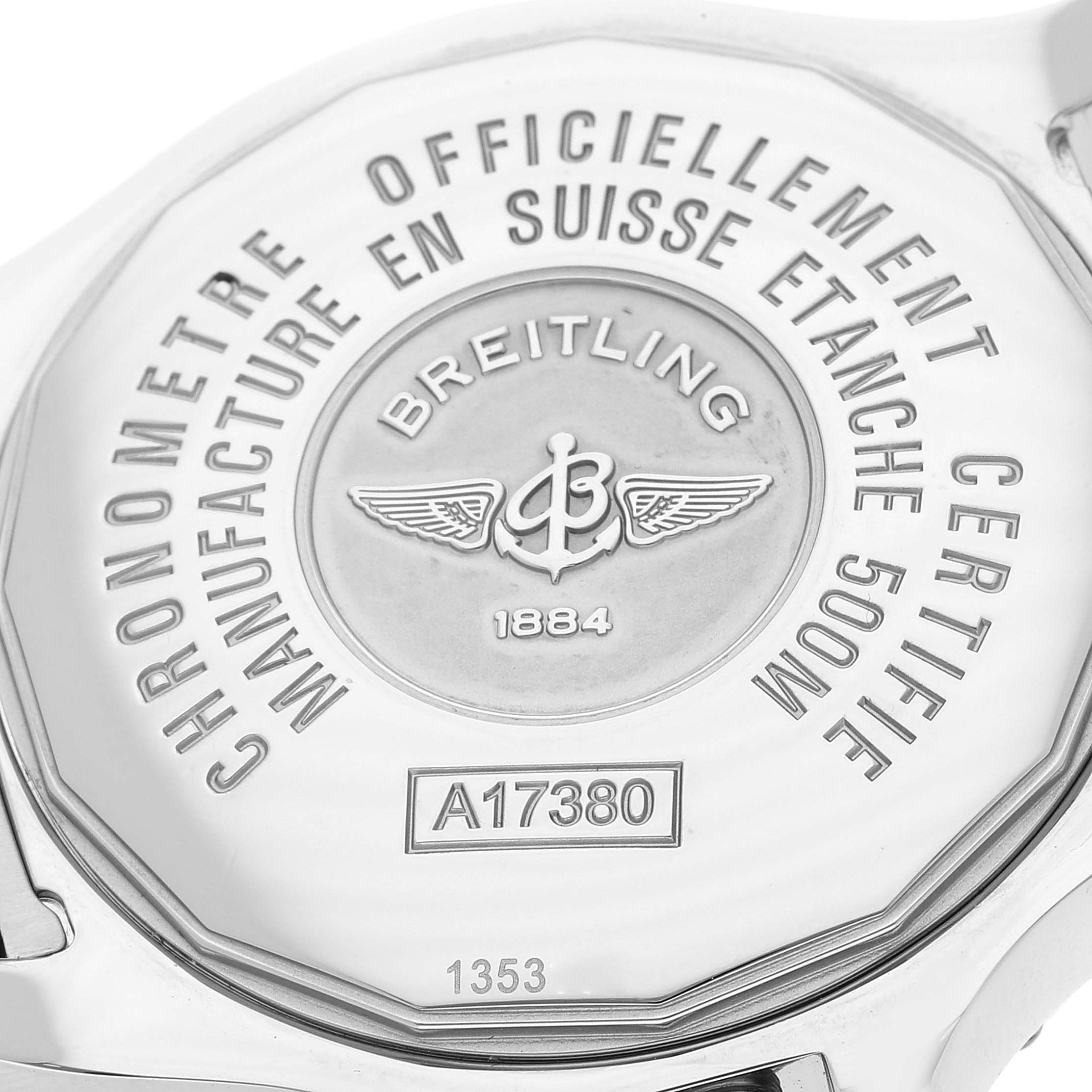 The image shows the back case of a Breitling Colt A17380 Men's Stainless Steel Black Dial A17380 Men's Stainless Steel Black Dial model watch, featuring its inscriptions and serial number.