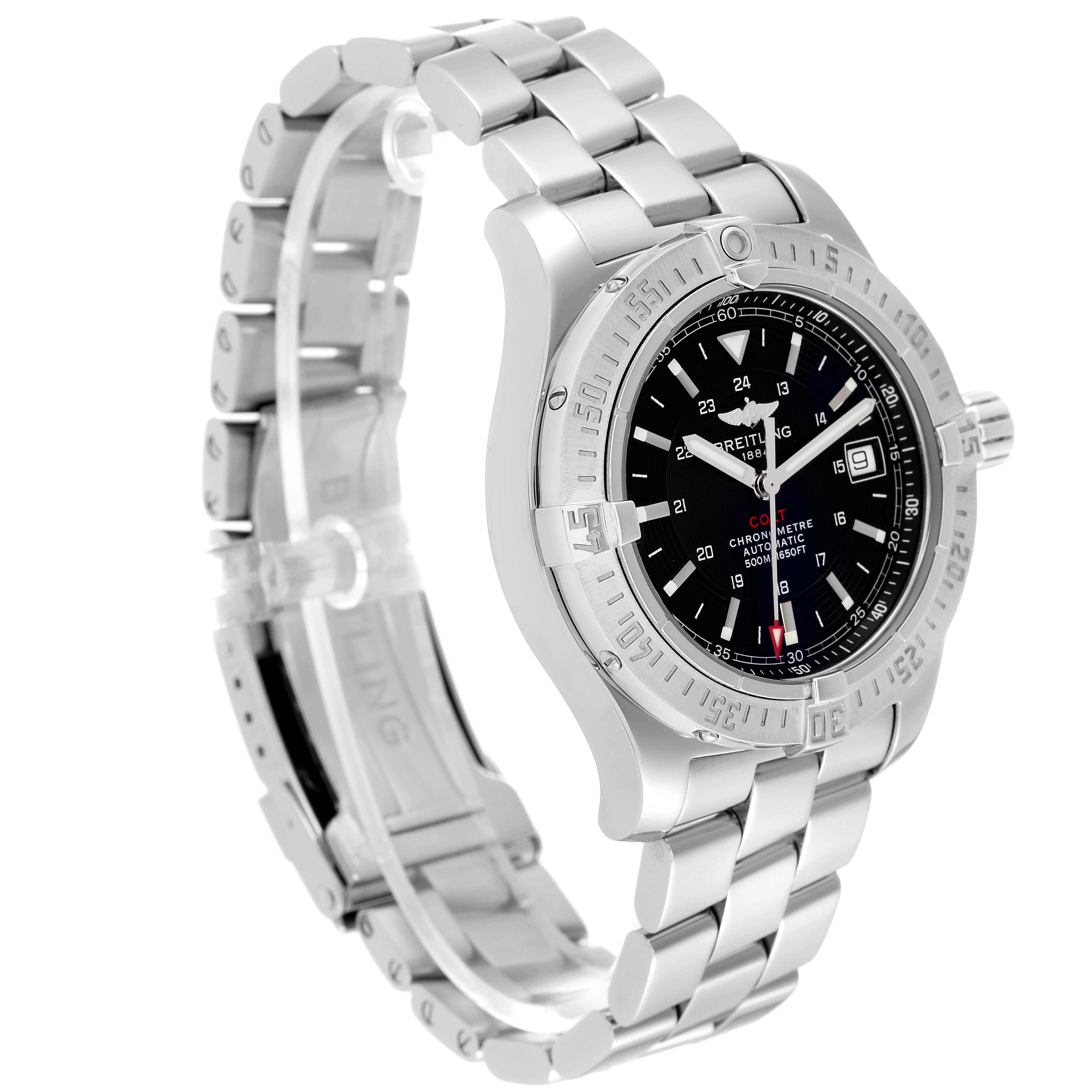 The image shows a side angle view of a Breitling Colt A17380 Men's Stainless Steel Black Dial A17380 Men's Stainless Steel Black Dial watch featuring its metal bracelet and dial.