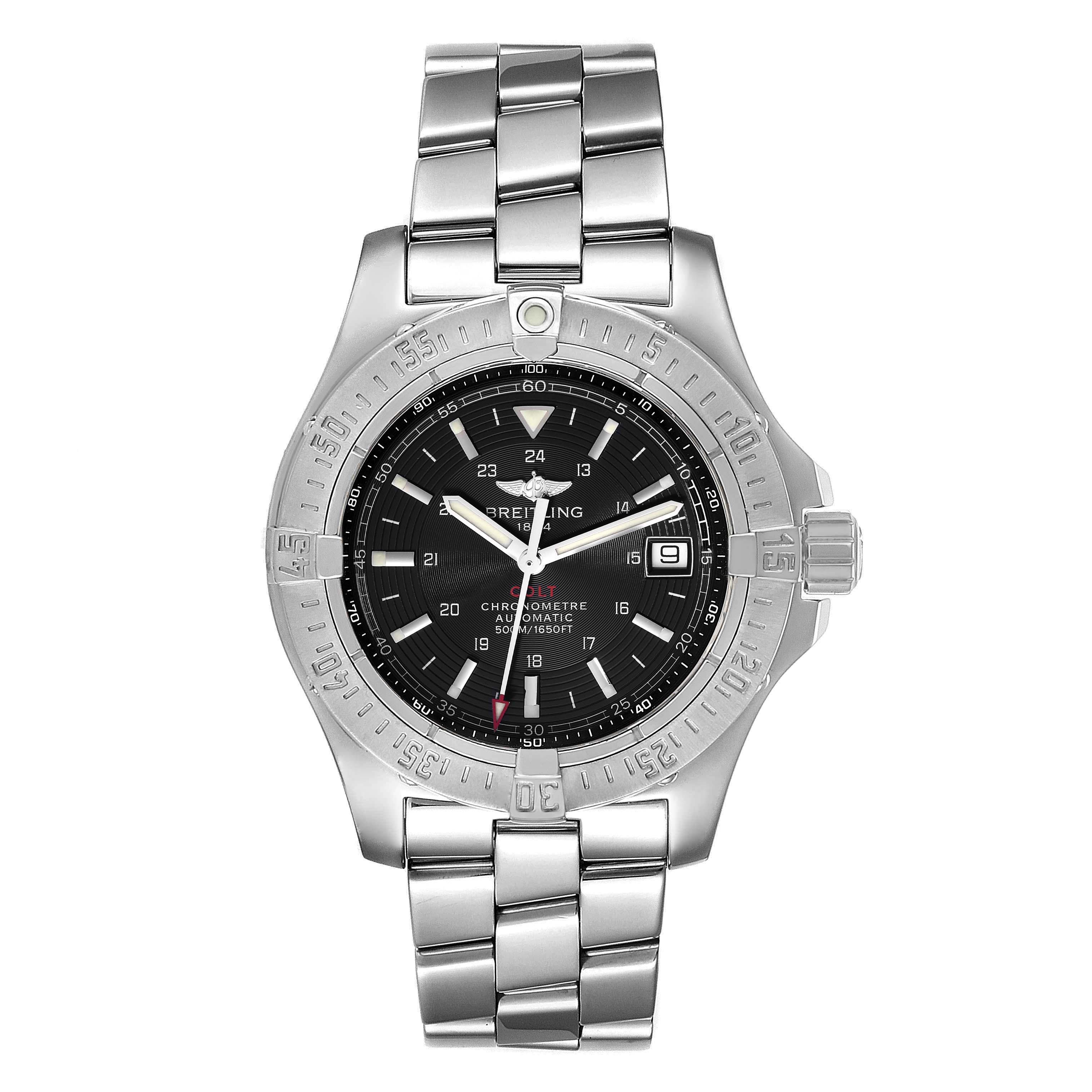 The image shows a front view of a Breitling Colt A17380 Men's Stainless Steel Black Dial A17380 Men's Stainless Steel Black Dial watch, highlighting its black dial, bezel, and metal bracelet.
