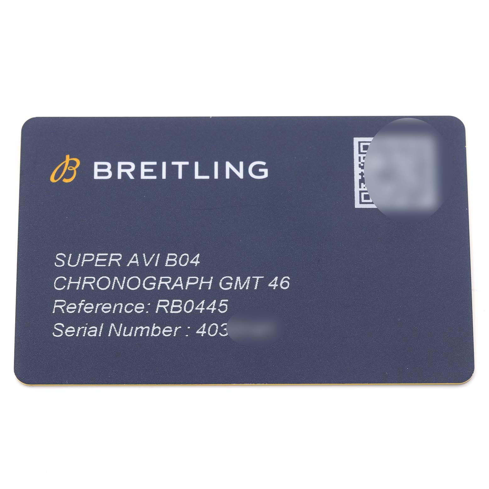 The image shows a Breitling Aviator RB04451A1B1X1 Men's Rose Gold Grey Dial RB04451A1B1X1 Men's Rose Gold Grey Dial model information card with details such as model and serial number.