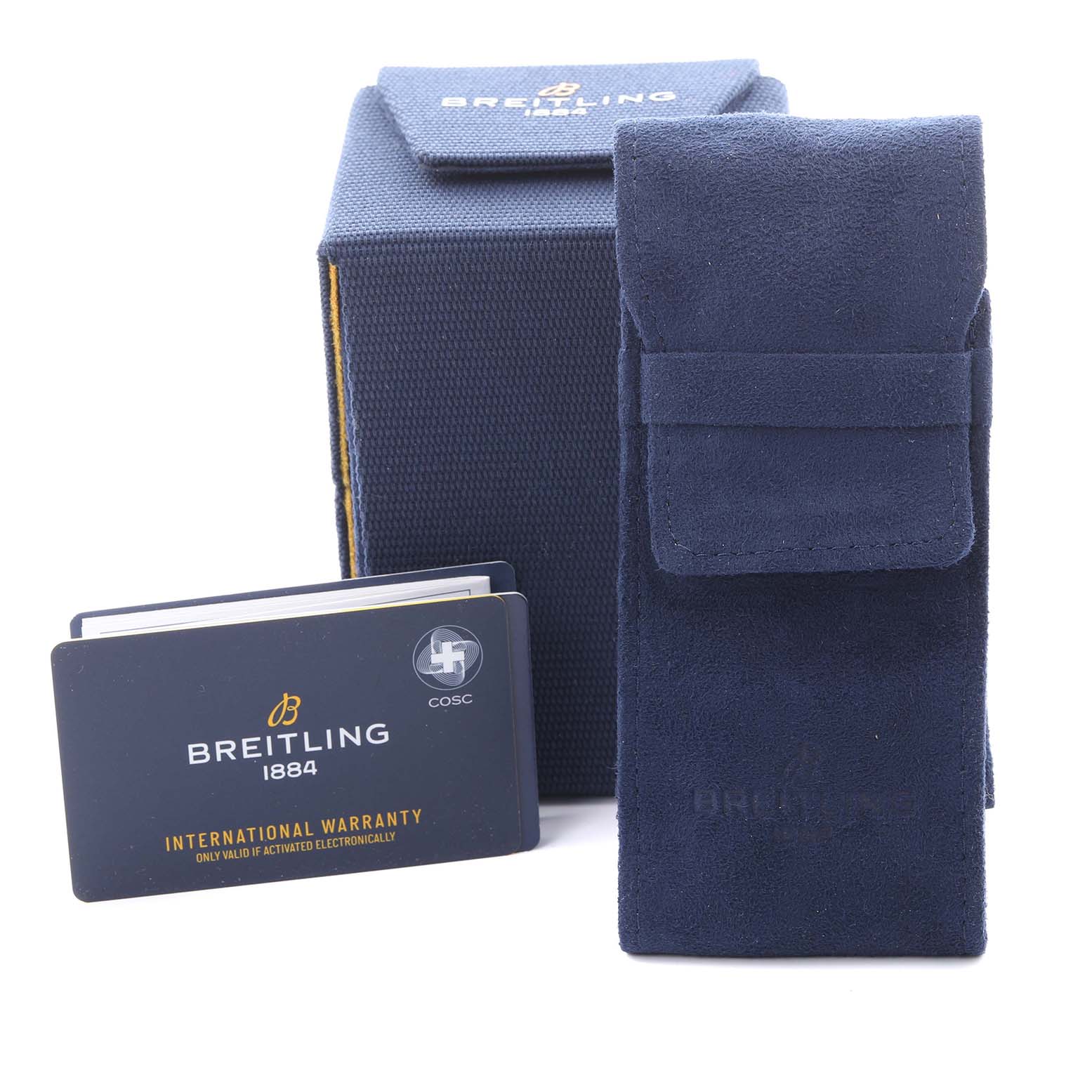 The image shows the packaging and accessories for a Breitling Aviator RB04451A1B1X1 Men's Rose Gold Grey Dial RB04451A1B1X1 Men's Rose Gold Grey Dial watch, including a box, pouch, and warranty card, viewed from the front.