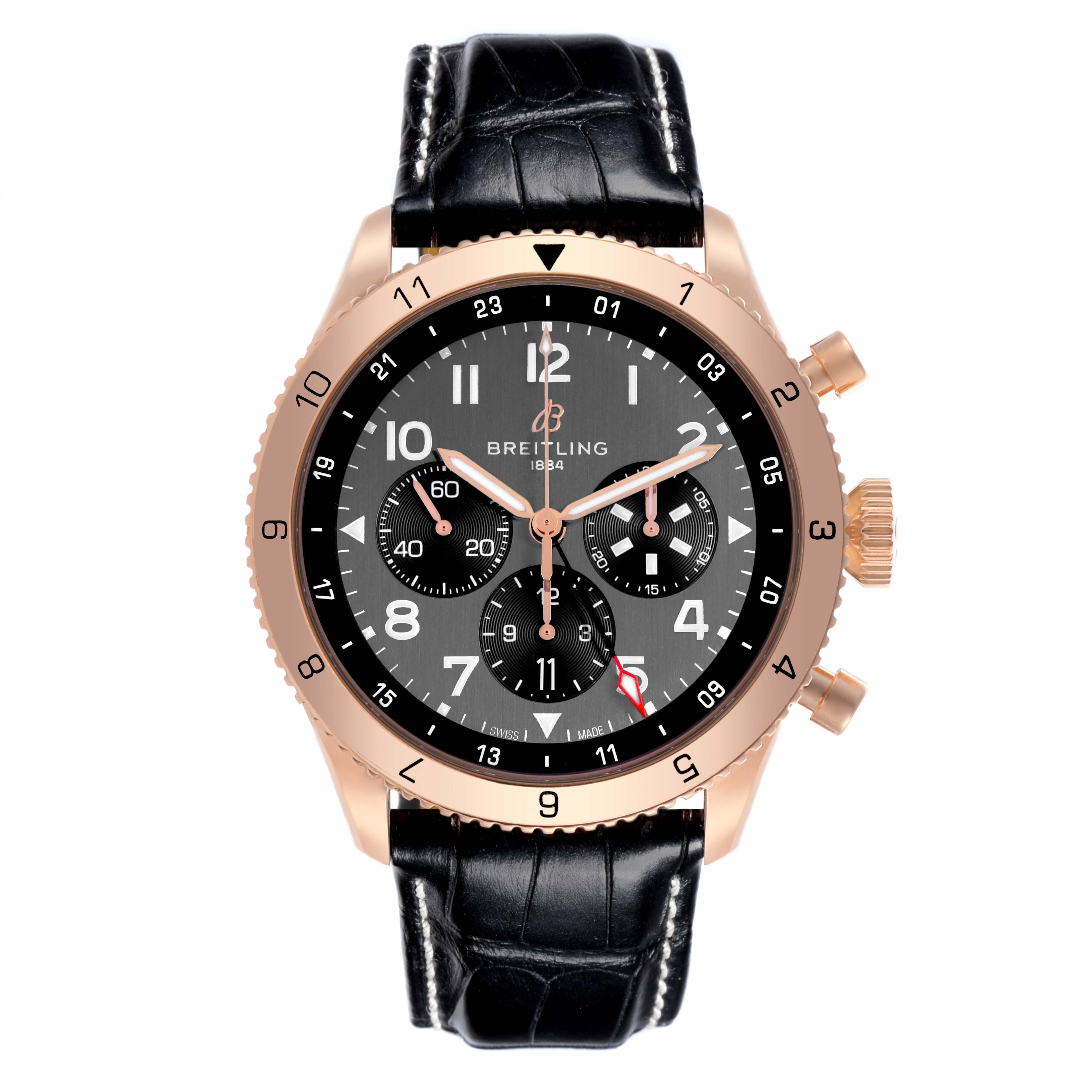 The Breitling Aviator RB04451A1B1X1 Men's Rose Gold Grey Dial RB04451A1B1X1 Men's Rose Gold Grey Dial watch is shown from the front, featuring a black dial, rose gold case, and black leather strap.