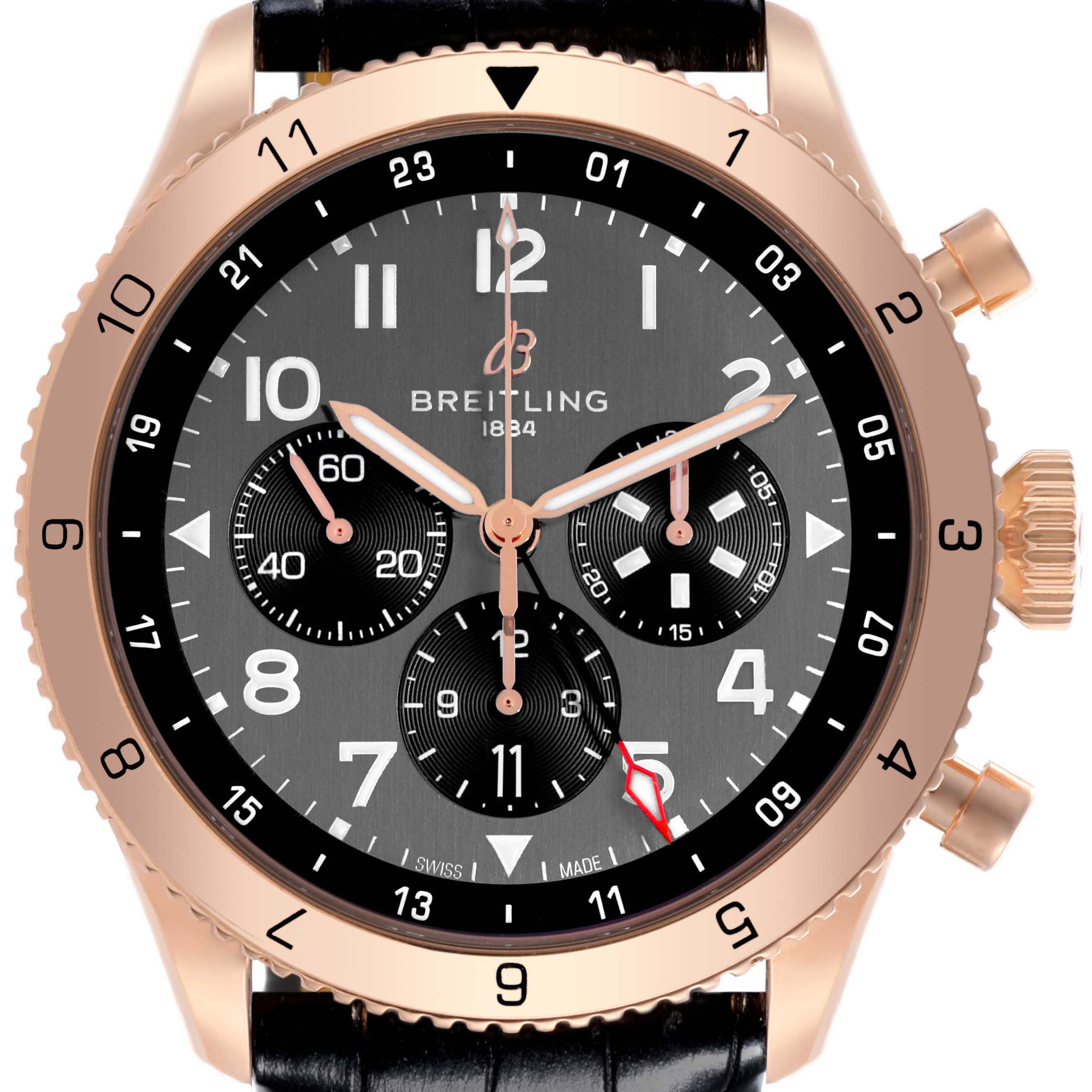 The Breitling Aviator RB04451A1B1X1 Men's Rose Gold Grey Dial RB04451A1B1X1 Men's Rose Gold Grey Dial watch is shown from the front, displaying the dial, hands, subdials, bezel, and crown.