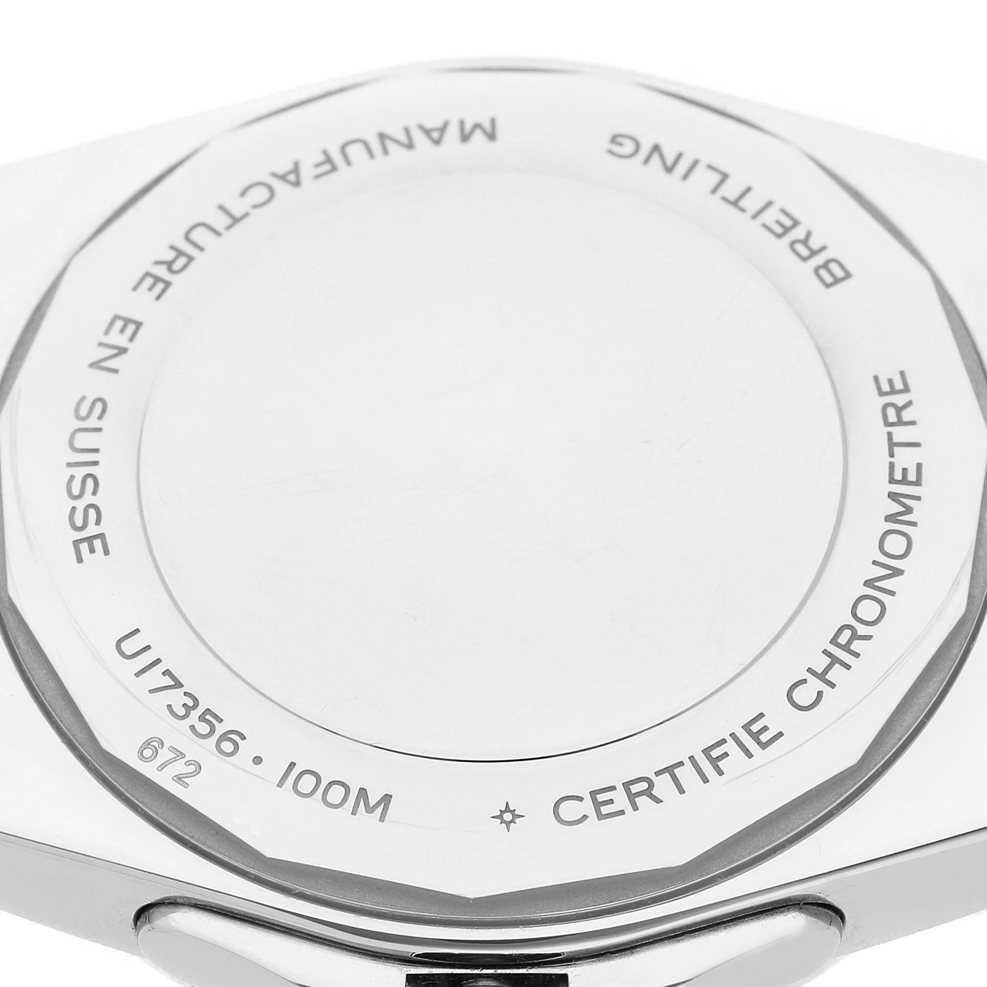 The image shows the back case of the Breitling U17356 Women's Stainless Steel Green Dial Super Chronomat U17356, highlighting engravings and the model number.