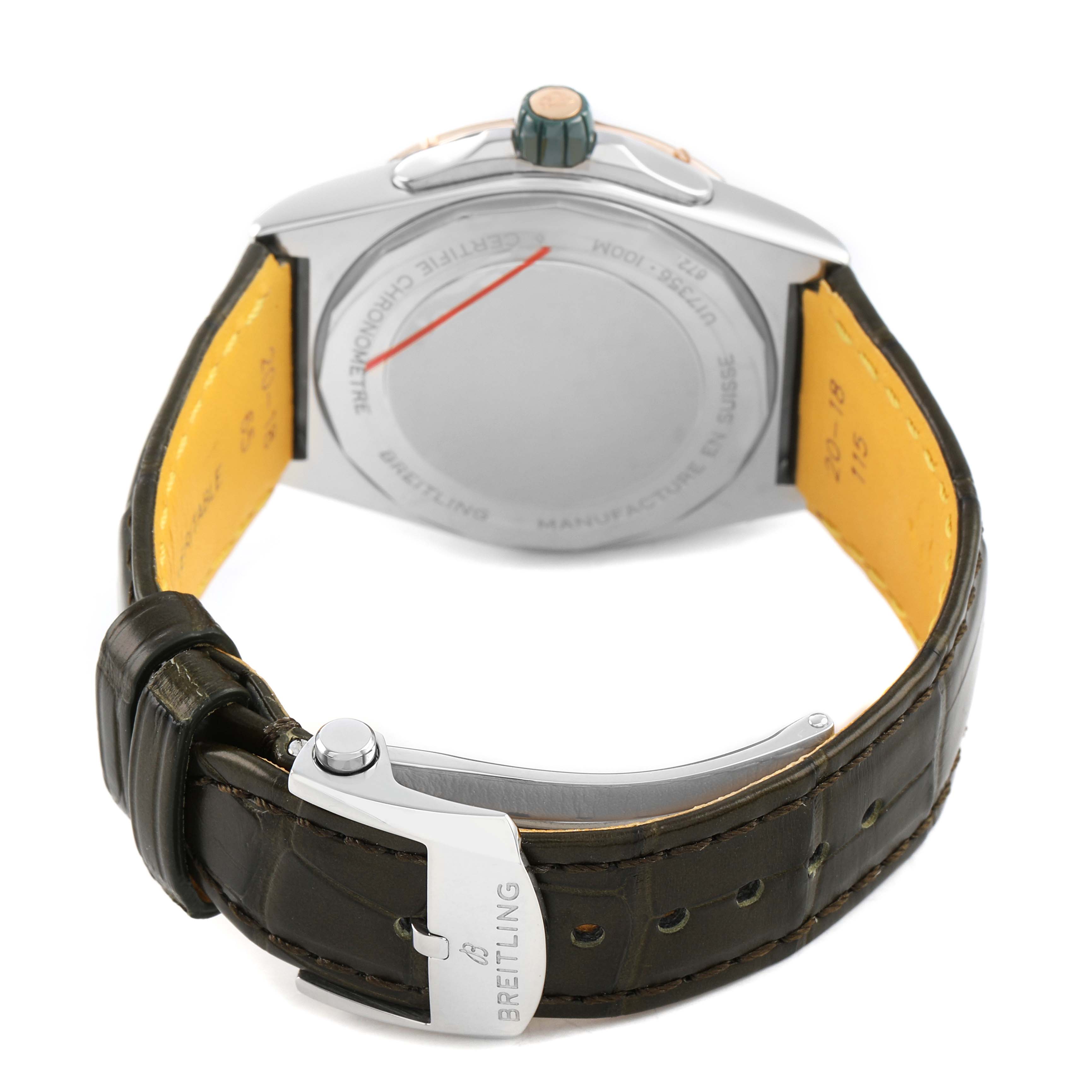 The image shows the back view of the Breitling U17356 Women's Stainless Steel Green Dial Super Chronomat Steel Rose Gold Diamond Ladies Watch U17356, highlighting the clasp and strap.