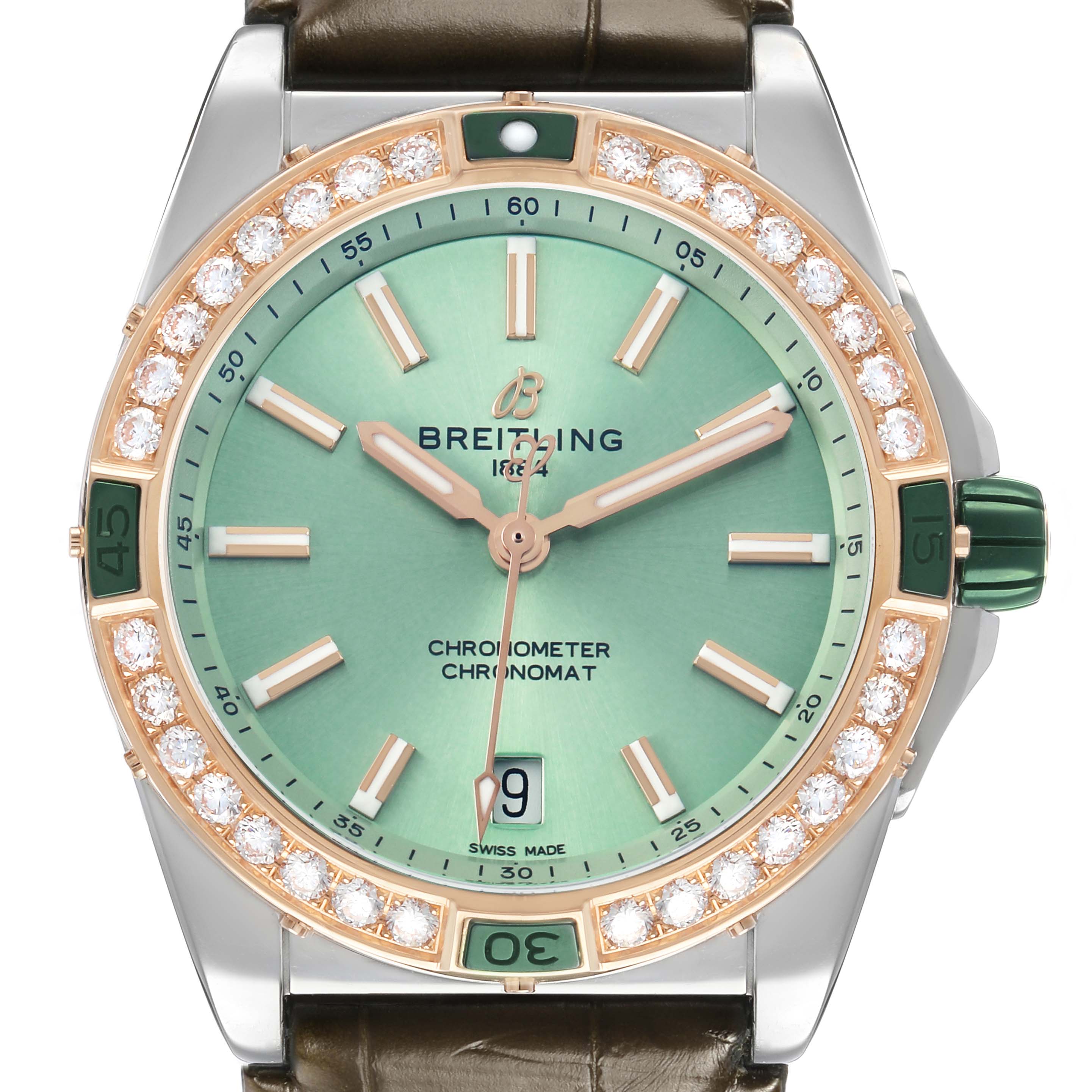 The Breitling U17356 Women's Stainless Steel Green Dial Super Chronomat Steel Rose Gold Diamond Ladies Watch U17356 is shown from a front angle, highlighting its face, bezel, and strap.