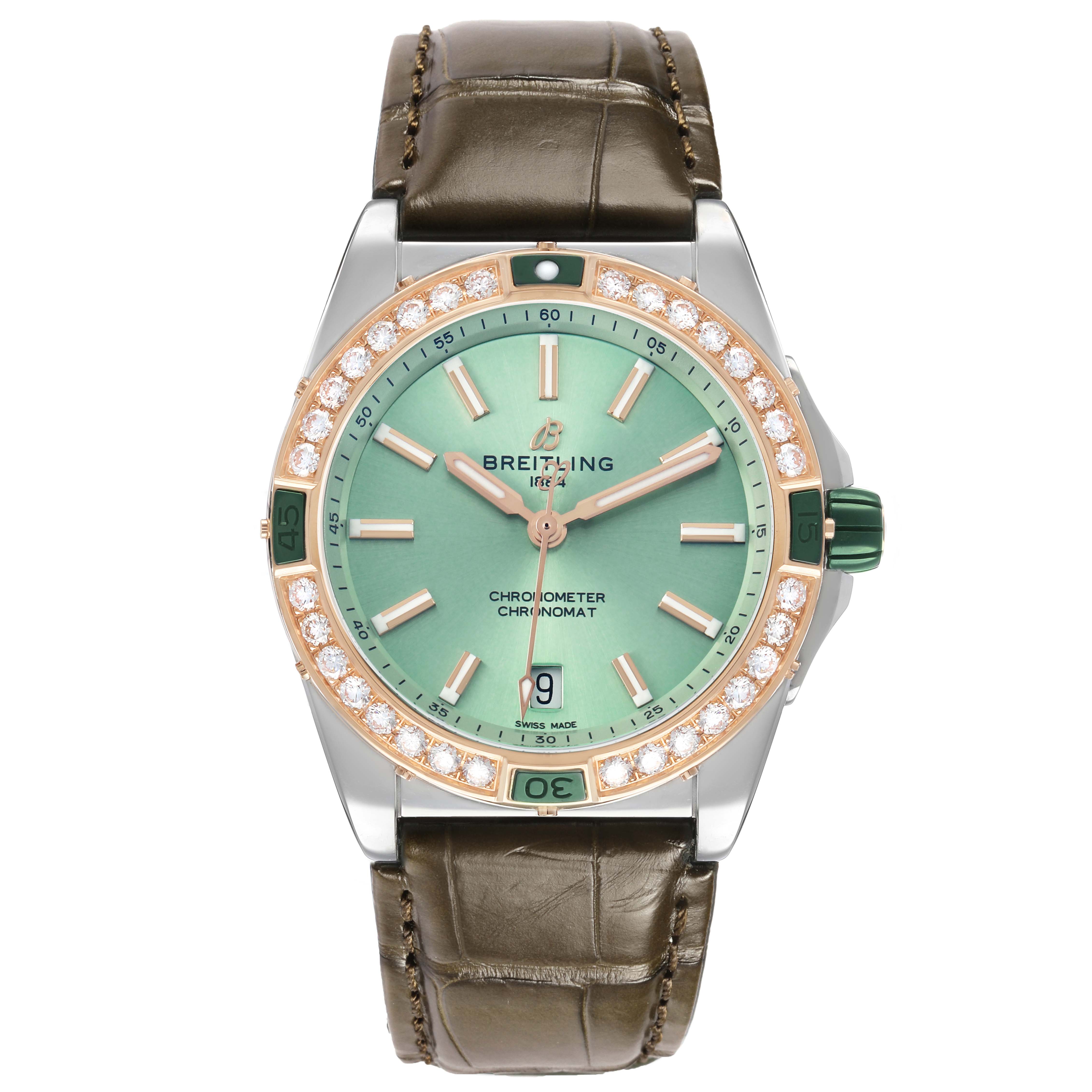 The Breitling U17356 Women's Stainless Steel Green Dial Super Chronomat Steel Rose Gold Diamond Ladies Watch U17356 is shown from a top view, highlighting the face and bezel.