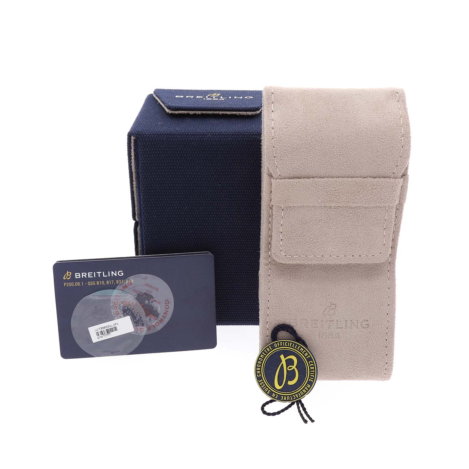 The image shows the accessories of the Breitling U17356 Women's Stainless Steel Green Dial Super Chronomat Steel Rose Gold Diamond Ladies Watch U17356, including a box, pouch, and card.