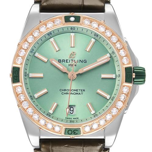 The Breitling U17356 Women's Stainless Steel Green Dial Super Chronomat Steel Rose Gold Diamond Ladies Watch U17356 is shown from the front, highlighting the dial and bezel.