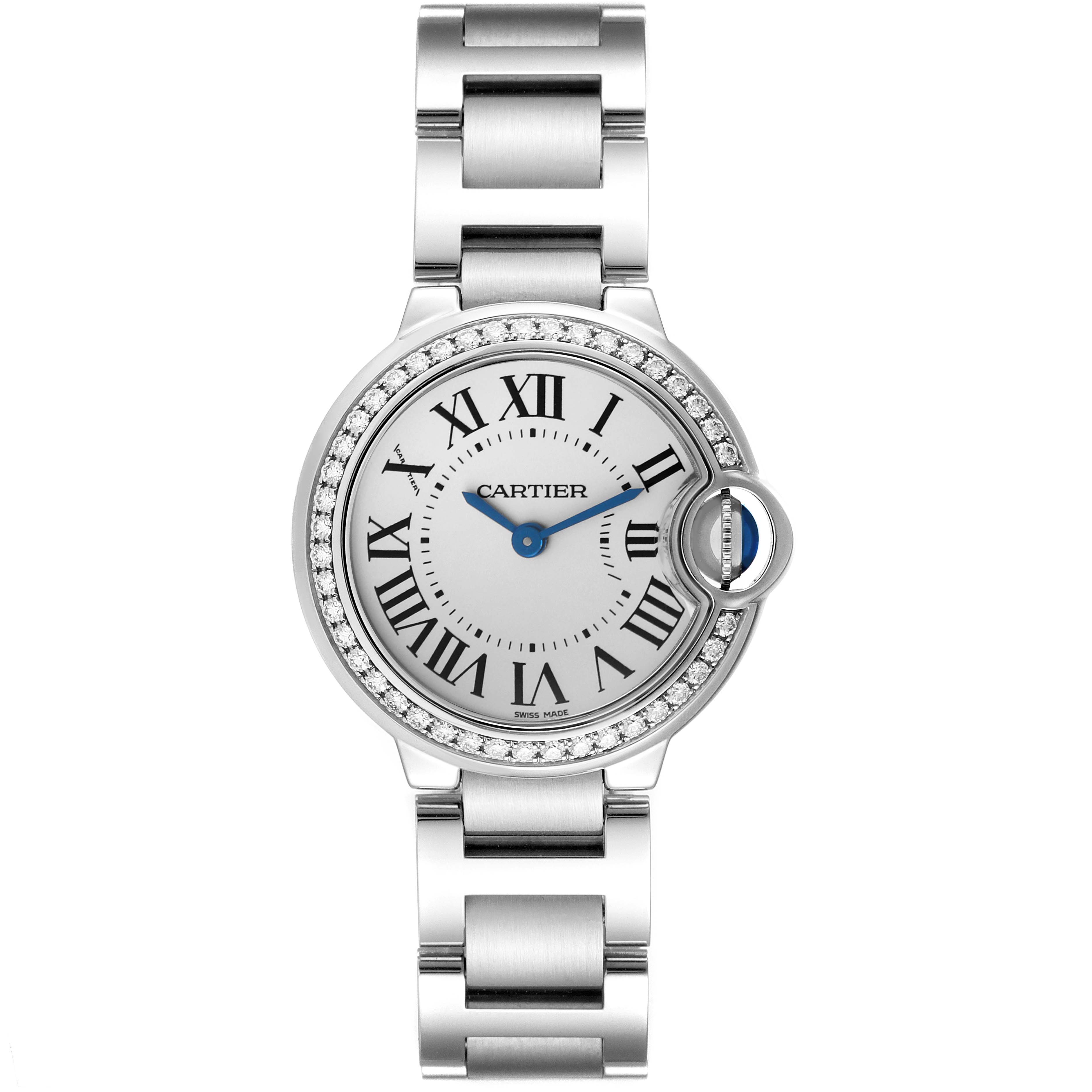 The Cartier Ballon Bleu W4BB0015 Women's Stainless Steel Silver Dial W4BB0015 Women's Stainless Steel Silver Dial watch is shown from a top view, displaying the full face, bezel, and bracelet with blue hands and Roman numerals.