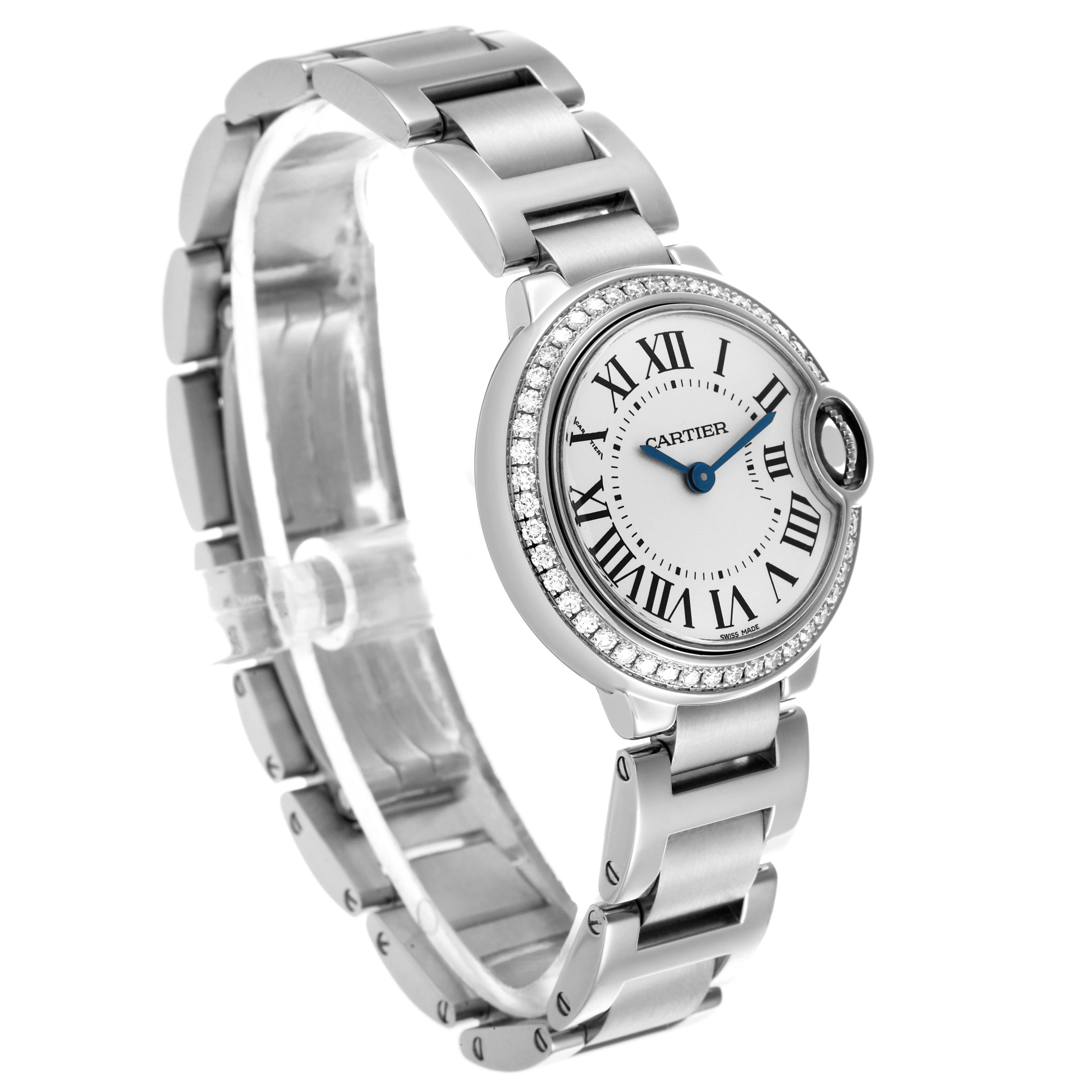 The Cartier Ballon Bleu W4BB0015 Women's Stainless Steel Silver Dial W4BB0015 Women's Stainless Steel Silver Dial watch is shown in a three-quarter view highlighting the face, bracelet, and diamond-set bezel.