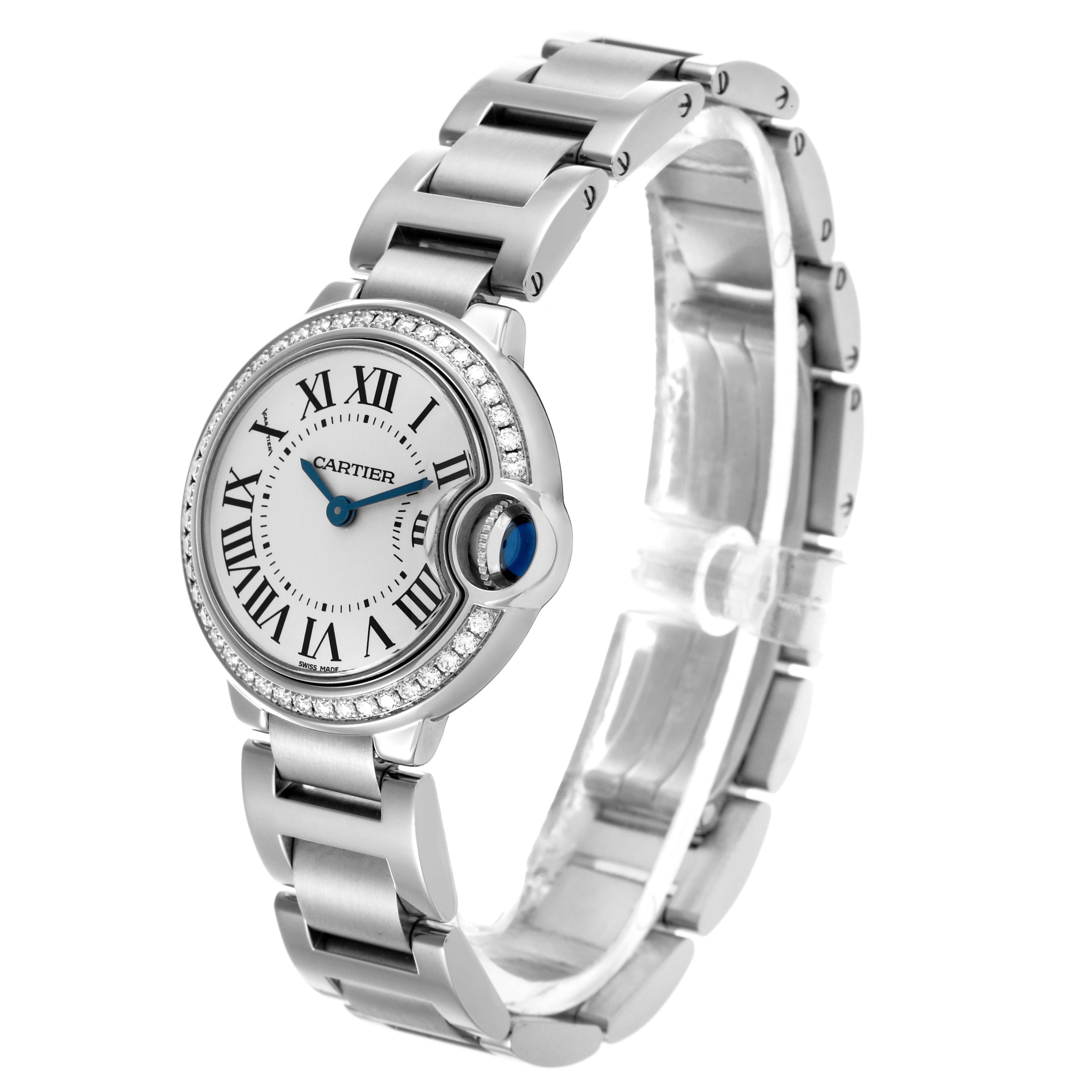 The Cartier Ballon Bleu W4BB0015 Women's Stainless Steel Silver Dial W4BB0015 Women's Stainless Steel Silver Dial watch is shown at a three-quarter angle, highlighting the face, bracelet, and crown.