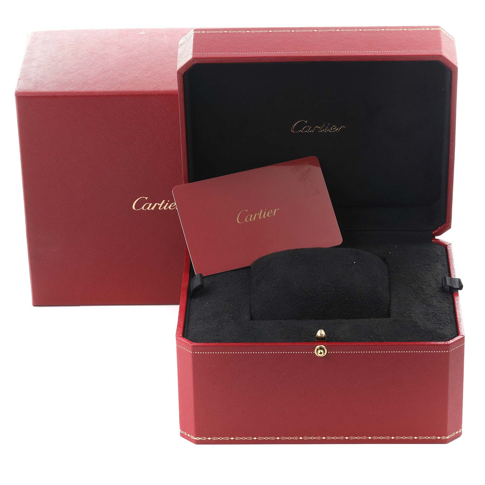 The image shows the packaging and accessories for a Cartier Ballon Bleu W4BB0015 Women's Stainless Steel Silver Dial W4BB0015 Women's Stainless Steel Silver Dial watch, including a red box and a warranty card.