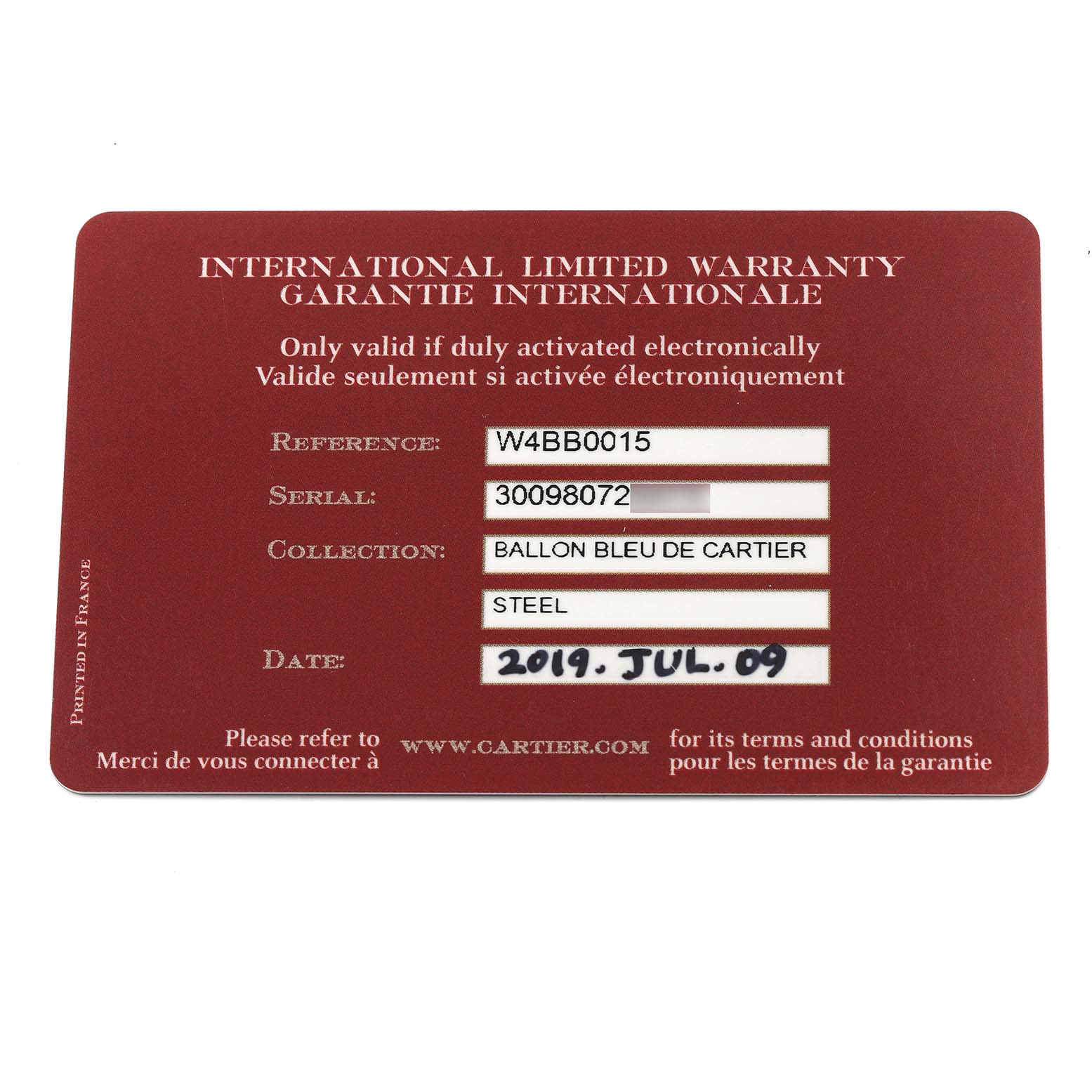 The image shows a Cartier Ballon Bleu W4BB0015 Women's Stainless Steel Silver Dial W4BB0015 Women's Stainless Steel Silver Dial model international limited warranty card, featuring details like reference, serial, and date.