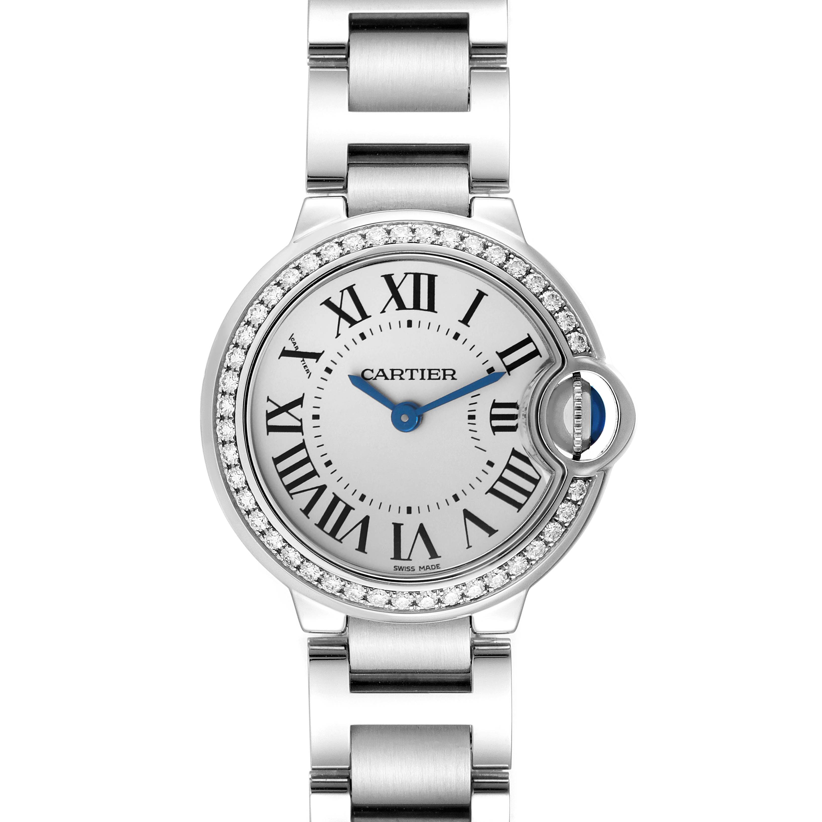 The Cartier Ballon Bleu W4BB0015 Women's Stainless Steel Silver Dial W4BB0015 Women's Stainless Steel Silver Dial watch is shown from a top-down view, displaying the face, Roman numerals, and part of the bracelet.