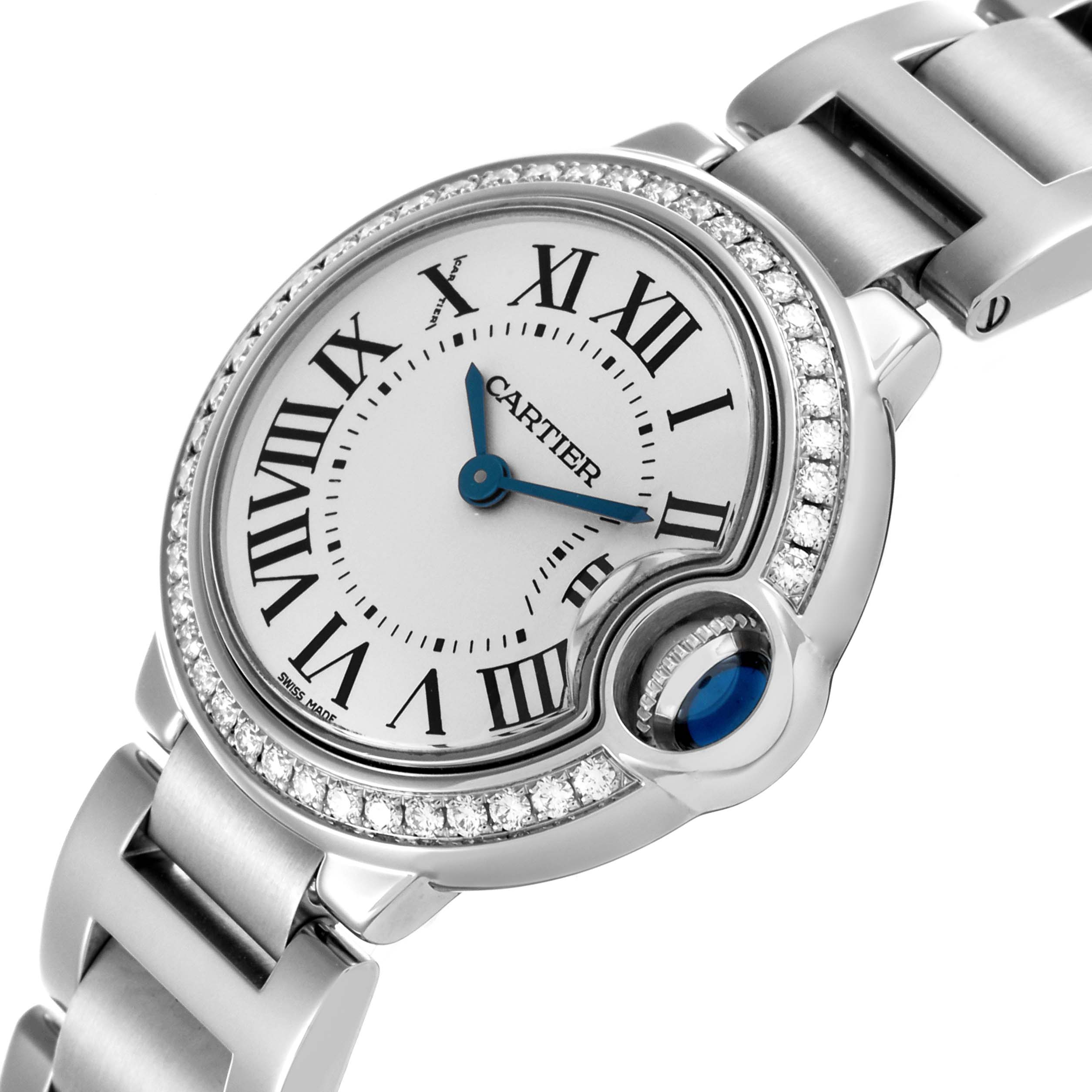 The image shows a Cartier Ballon Bleu W4BB0015 Women's Stainless Steel Silver Dial W4BB0015 Women's Stainless Steel Silver Dial watch at a slight angle, highlighting its face, bezel, crown, and part of the bracelet.