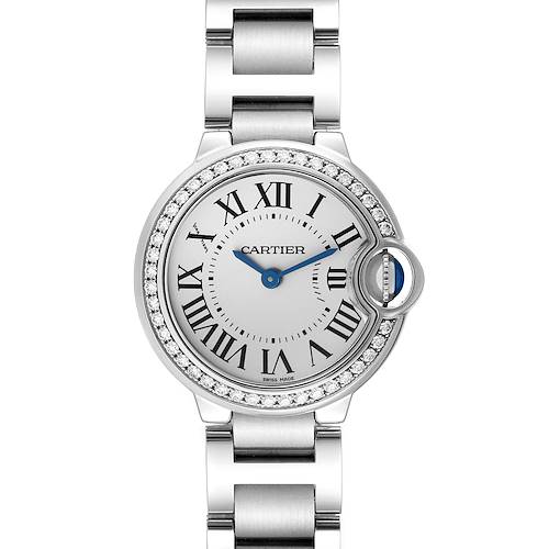 The Cartier Ballon Bleu watch is shown from the front, displaying the face, bezel, and part of the bracelet.