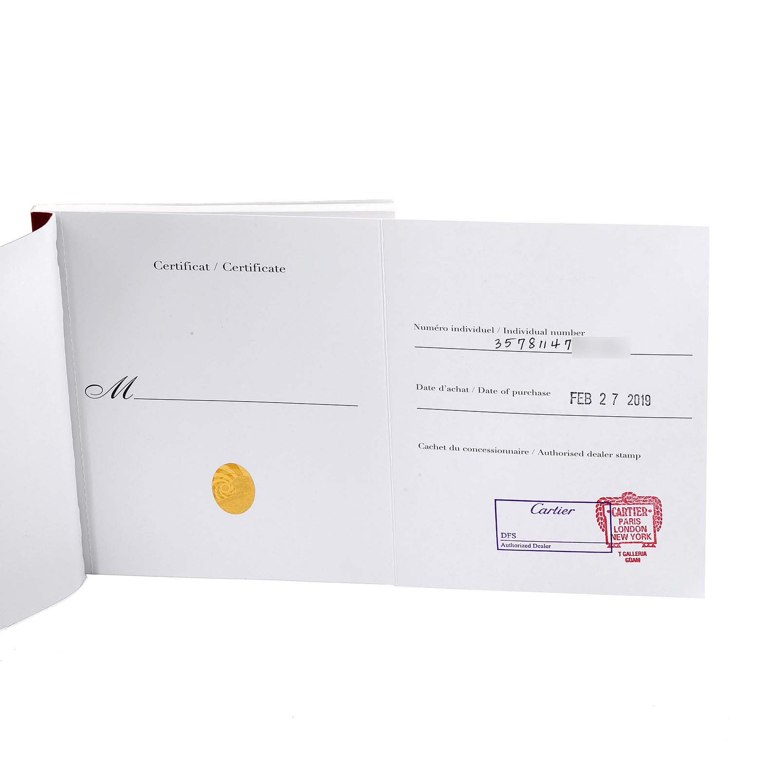 The image shows the certificate of authenticity for a Calibre de Cartier watch by Cartier, including purchase date and dealer stamp.