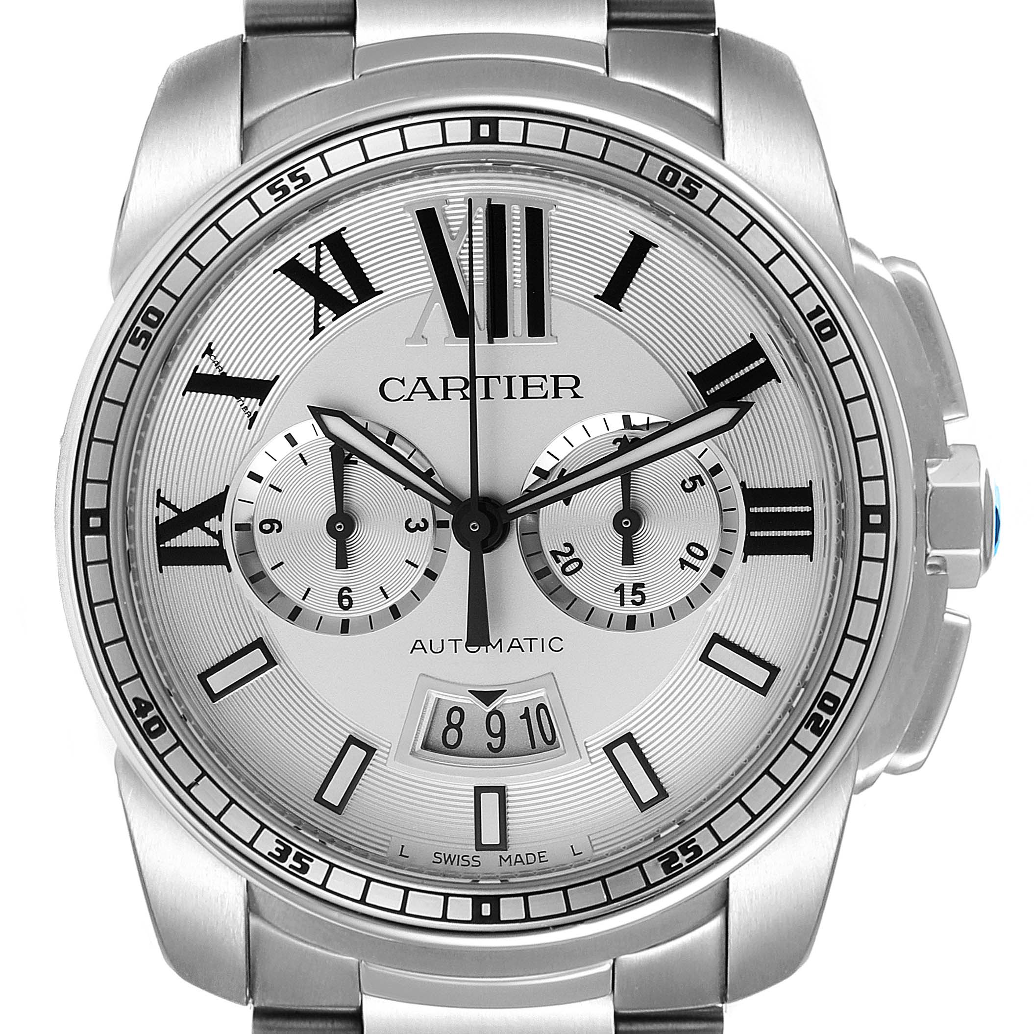 The image shows a front view of the Calibre de Cartier watch by Cartier, featuring the dial, bezel, and part of the bracelet.