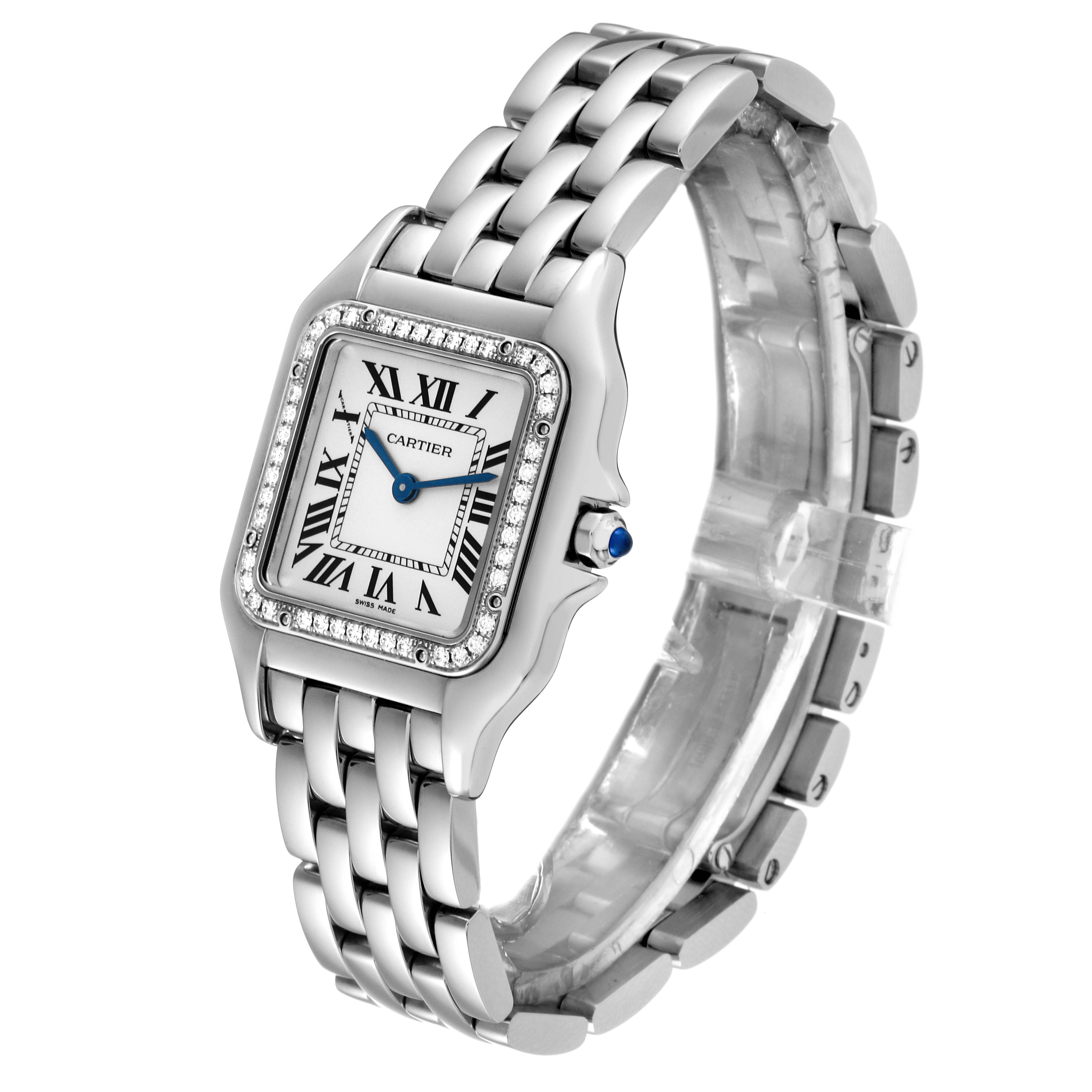 The image shows a Cartier Panthere W4PN0008 Women's Stainless Steel Silver Dial W4PN0008 Women's Stainless Steel Silver Dial watch at a slightly angled side view, highlighting its face, bezel, and metal bracelet.