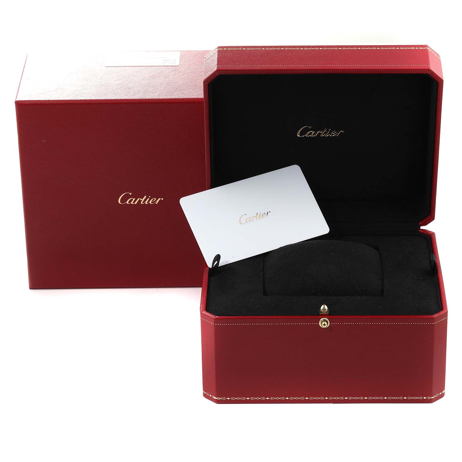 This image shows the packaging for a Cartier Panthere W4PN0008 Women's Stainless Steel Silver Dial W4PN0008 Women's Stainless Steel Silver Dial watch, including a red box and a cushion with a Cartier card.