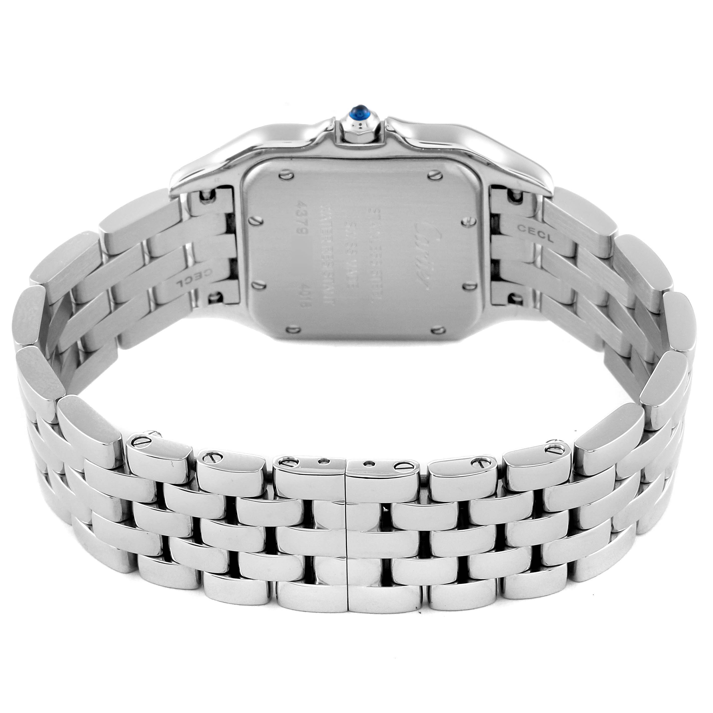 The image shows the back view of a Cartier Panthere W4PN0008 Women's Stainless Steel Silver Dial W4PN0008 Women's Stainless Steel Silver Dial watch, highlighting the case back and the metal bracelet.