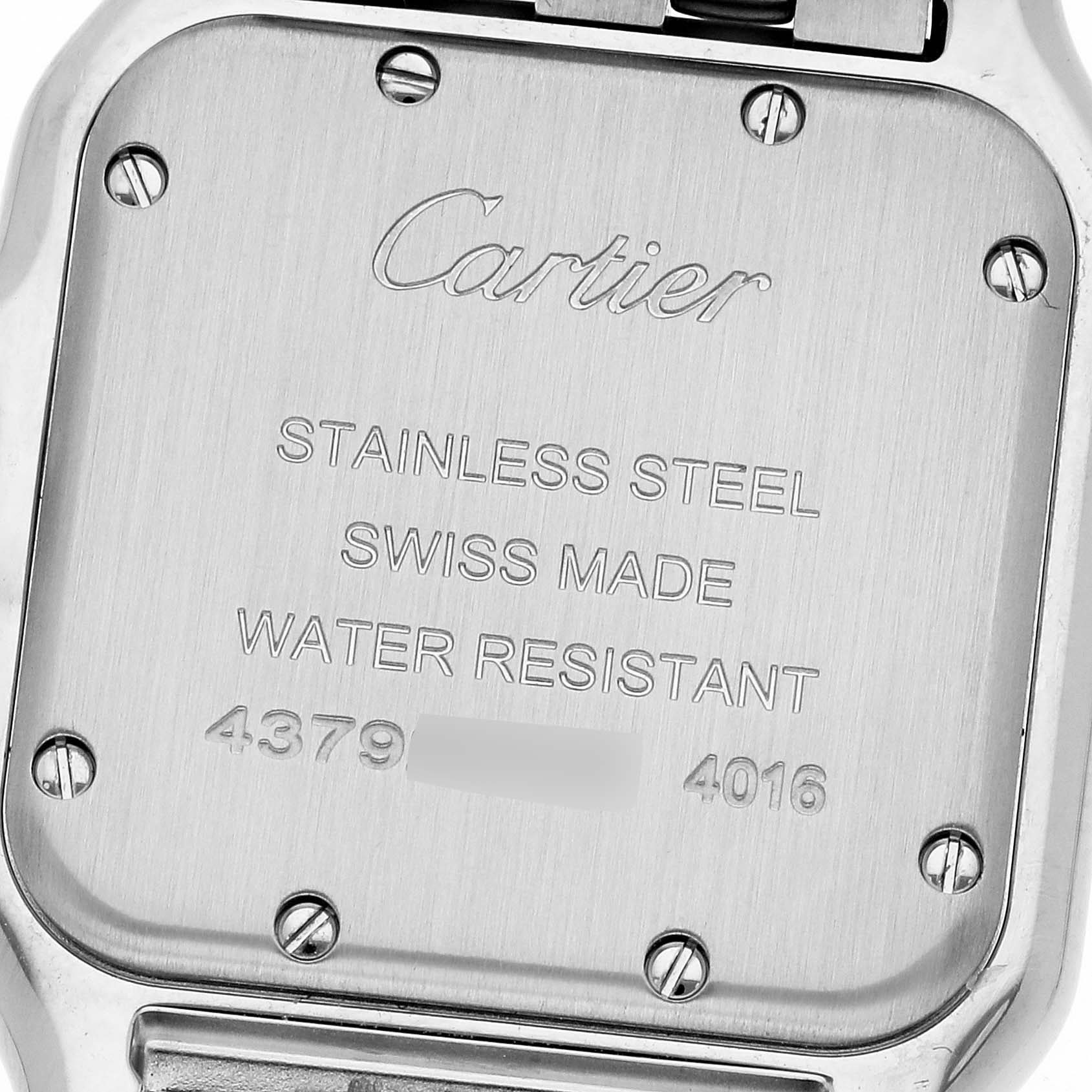 The image shows the back of a Cartier Panthere W4PN0008 Women's Stainless Steel Silver Dial W4PN0008 Women's Stainless Steel Silver Dial watch, detailing its stainless steel case, "Swiss Made" and "Water Resistant" engravings.