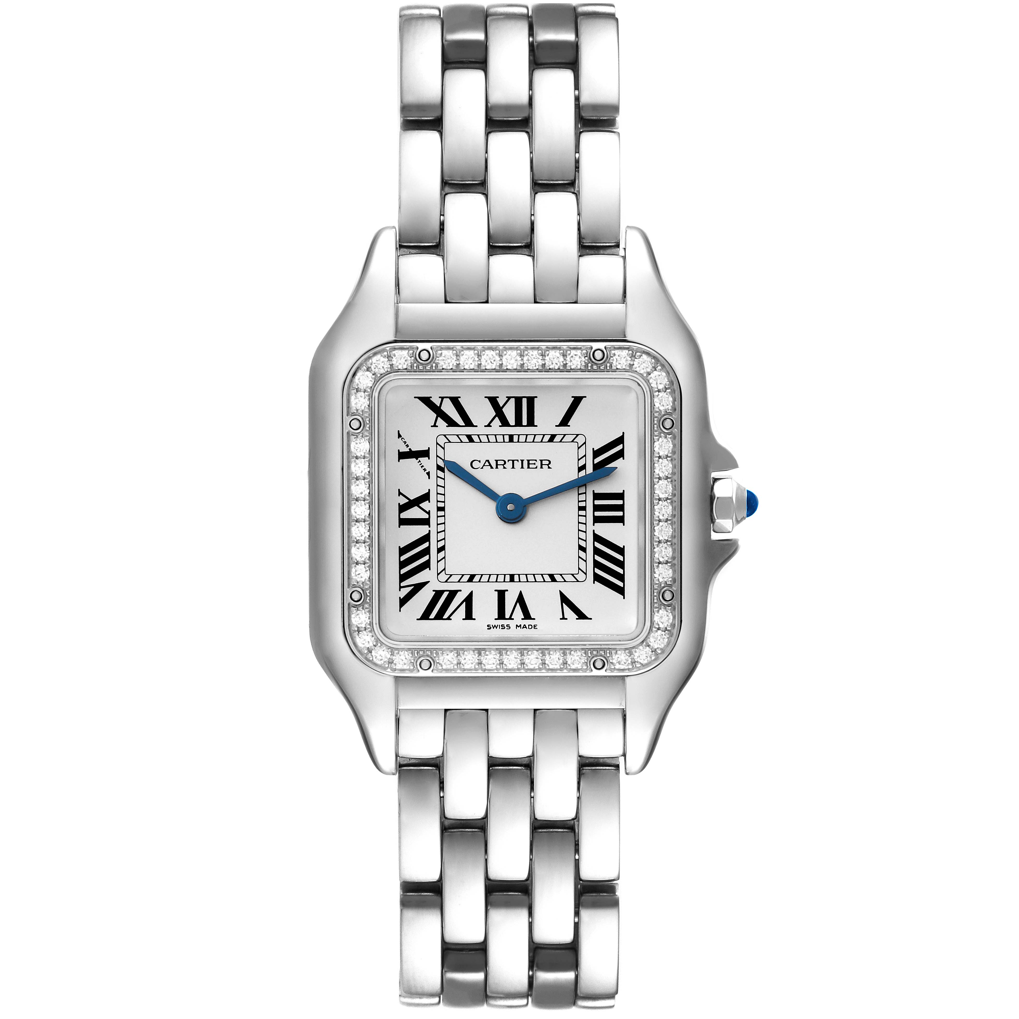 The image shows a front view of the Cartier Panthere W4PN0008 Women's Stainless Steel Silver Dial W4PN0008 Women's Stainless Steel Silver Dial watch, displaying its square face, Roman numerals, diamond bezel, and metal bracelet.