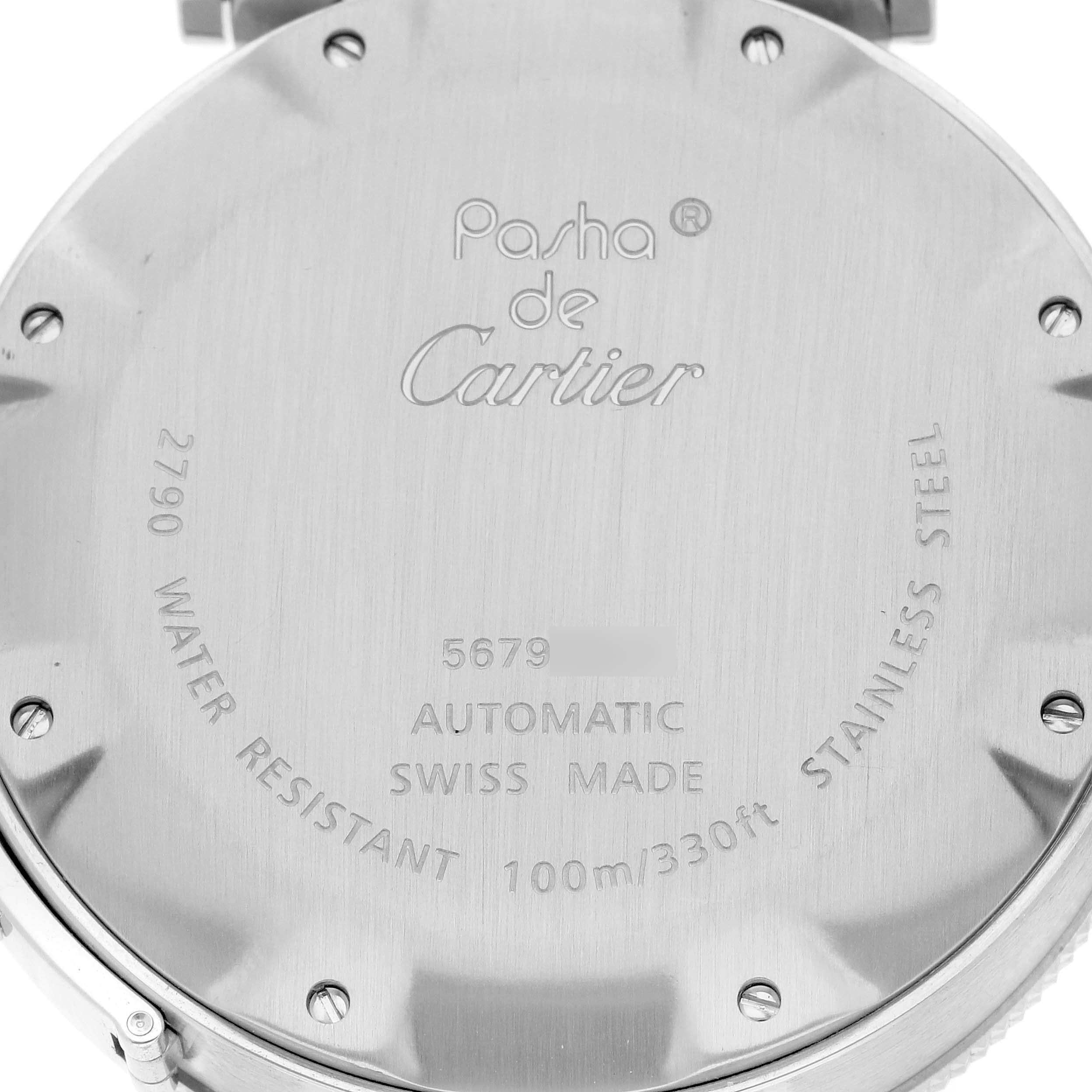 The image shows the back case of a Cartier Pasha W31077M7 Men's Stainless Steel Black Dial W31077M7 Men's Stainless Steel Black Dial watch, displaying engraving details and screw positions.