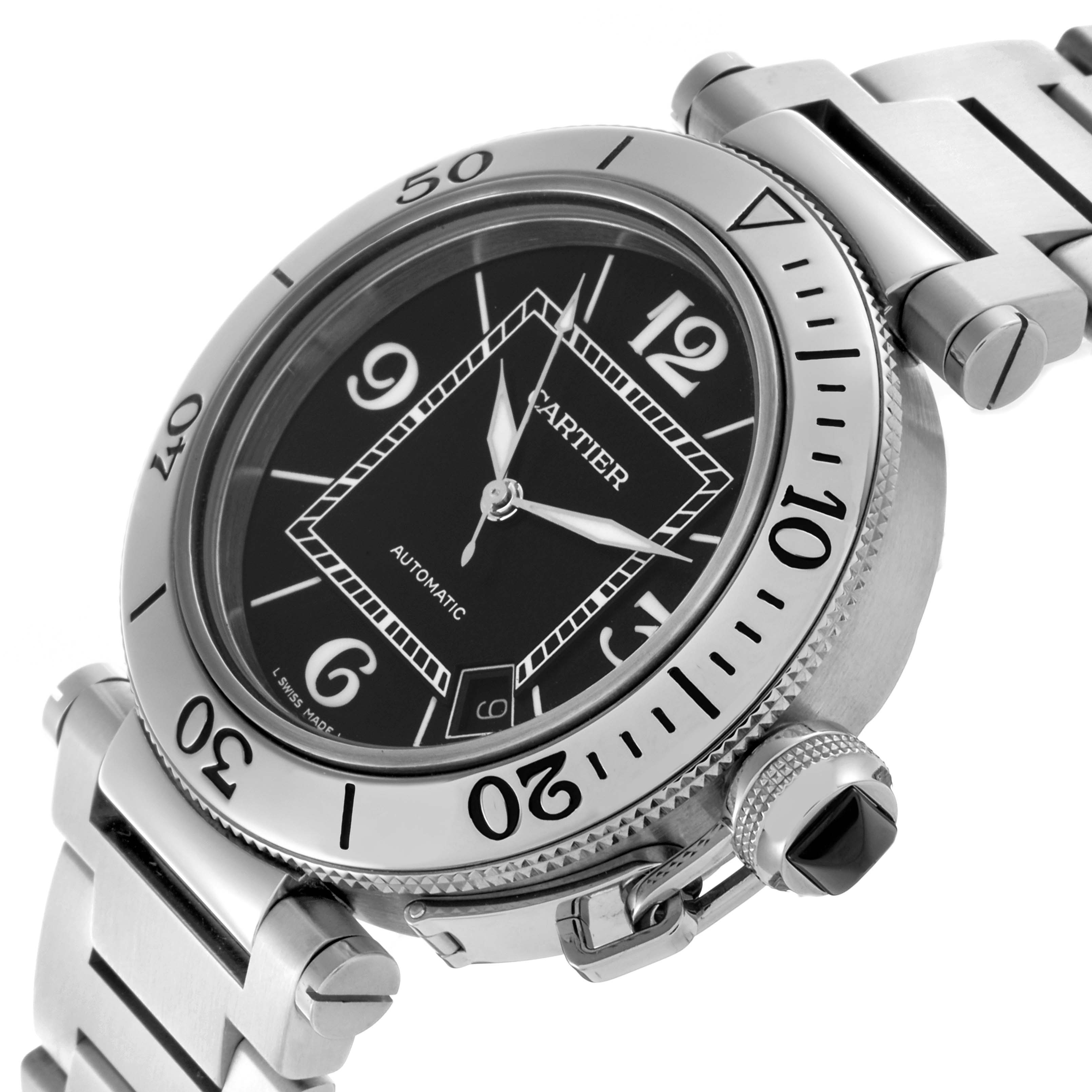 The Cartier Pasha W31077M7 Men's Stainless Steel Black Dial W31077M7 Men's Stainless Steel Black Dial watch is shown at a slight side angle, highlighting the face, bezel, crown, and part of the bracelet.