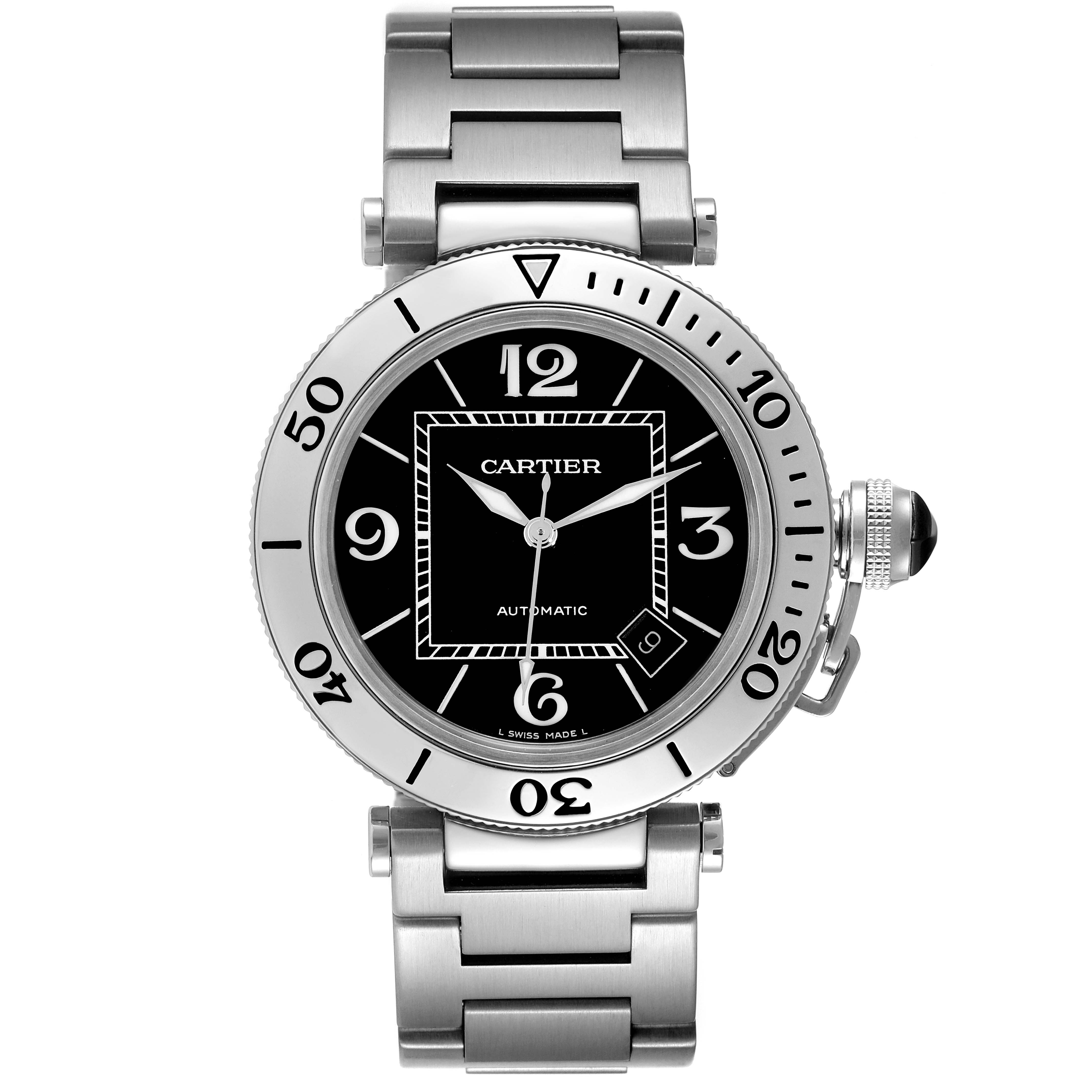 The Cartier Pasha W31077M7 Men's Stainless Steel Black Dial W31077M7 Men's Stainless Steel Black Dial watch is shown from a front angle displaying its face, bezel, bracelet, and crown.