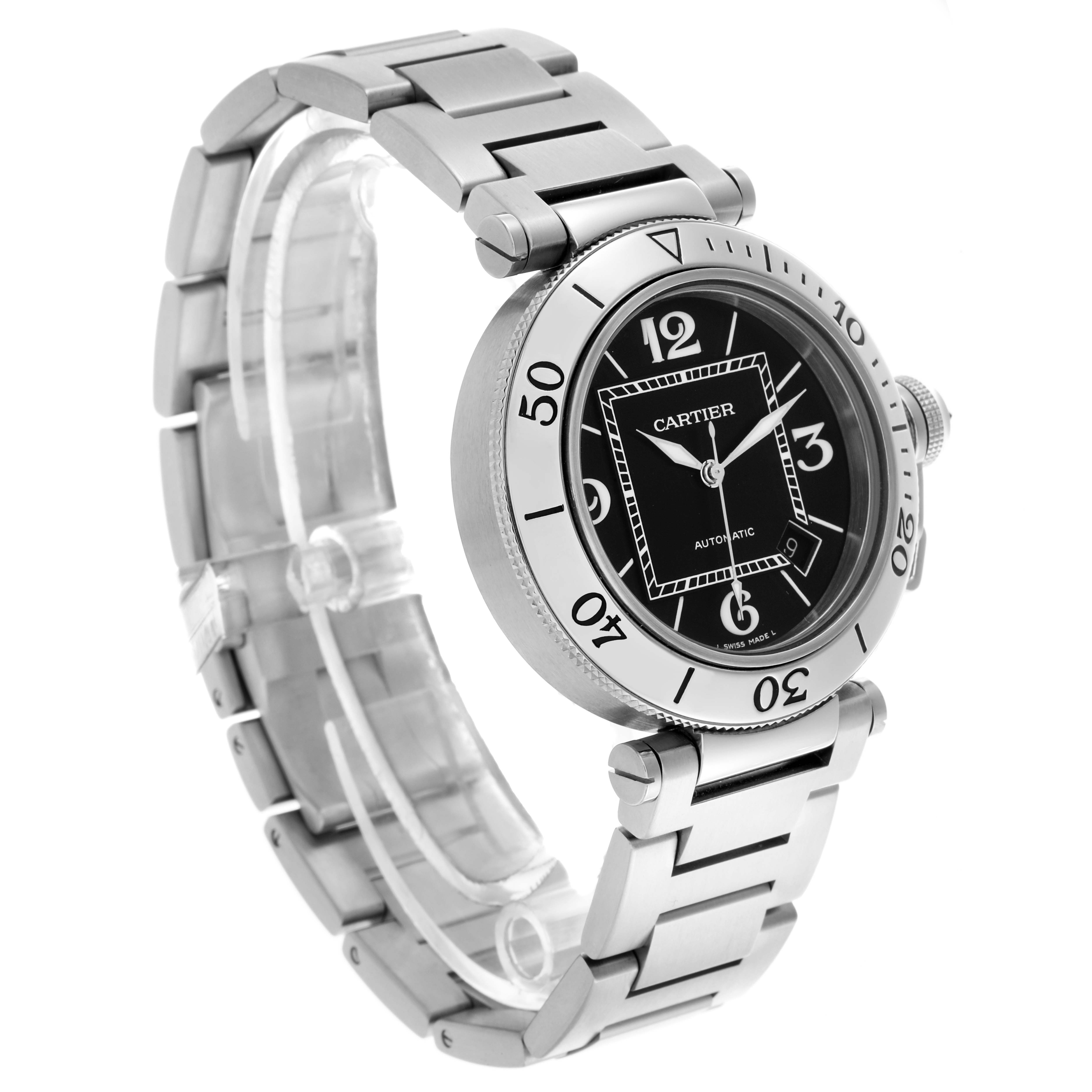 The Cartier Pasha W31077M7 Men's Stainless Steel Black Dial W31077M7 Men's Stainless Steel Black Dial watch is shown at a three-quarter angle, revealing the dial, bezel, crown, and part of the metal bracelet.