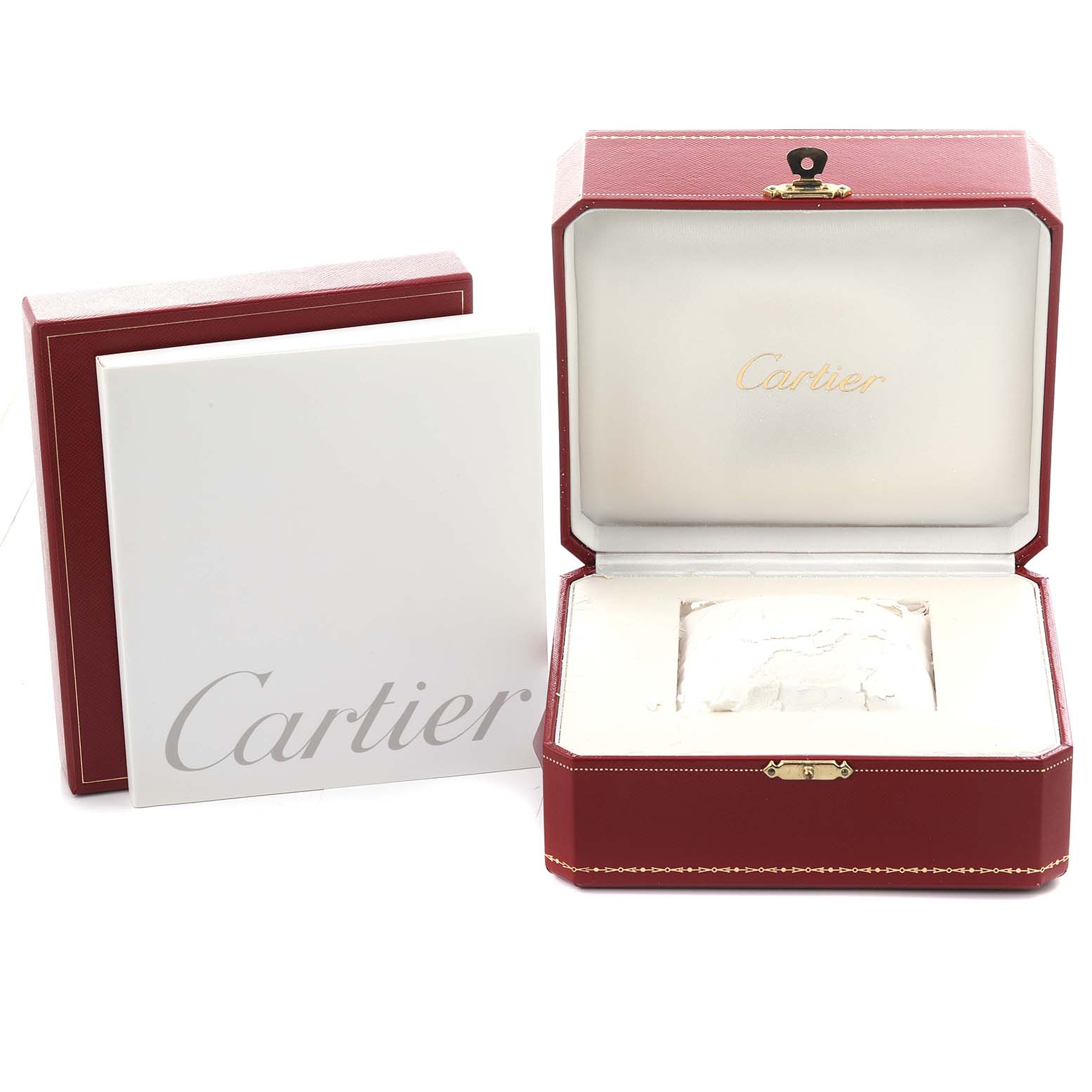 The image shows a Cartier Pasha W31077M7 Men's Stainless Steel Black Dial W31077M7 Men's Stainless Steel Black Dial watch box and packaging, including an open red leather box and a white booklet.