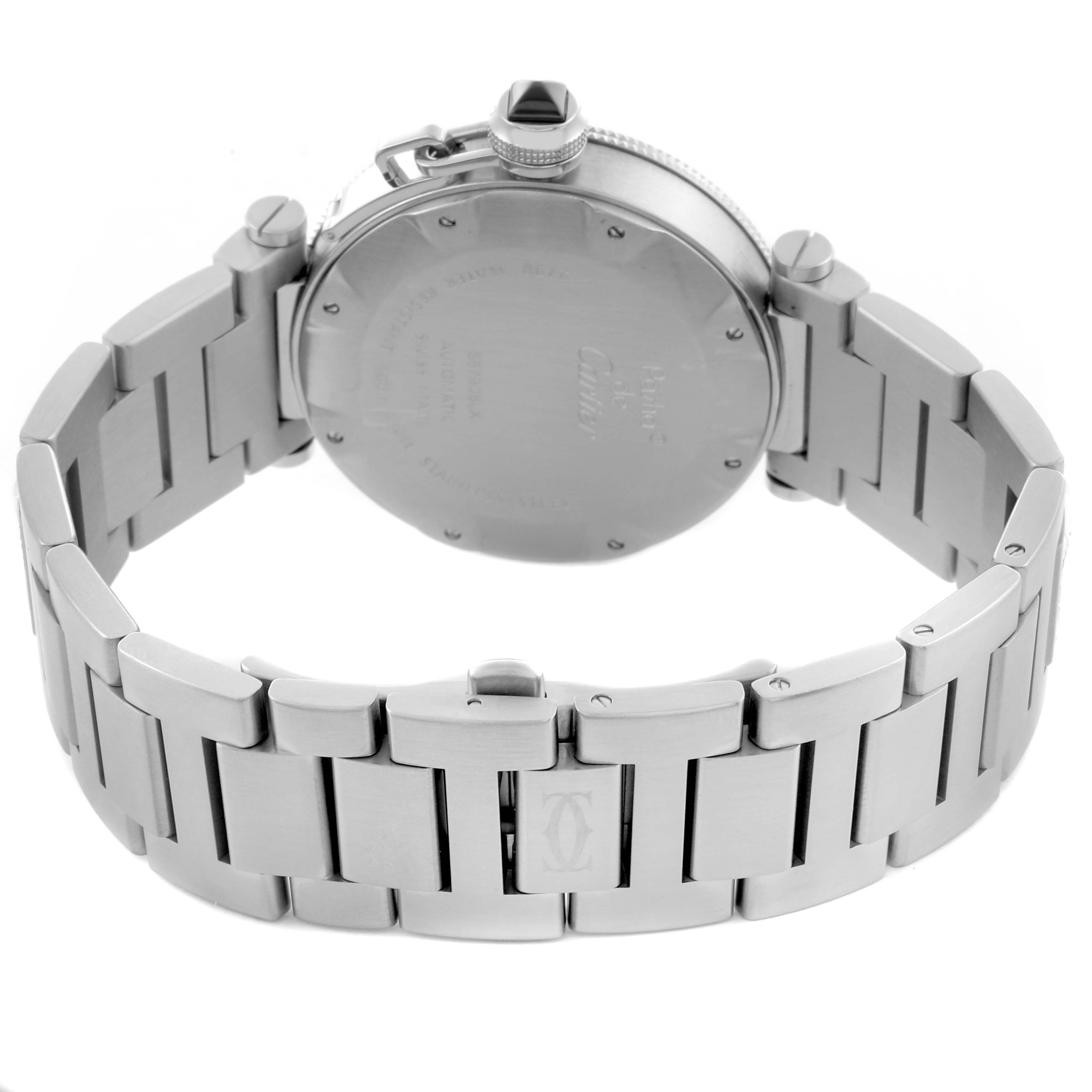 This image shows the back view of a Pasha de Cartier watch, highlighting the stainless steel case, crown, and bracelet.