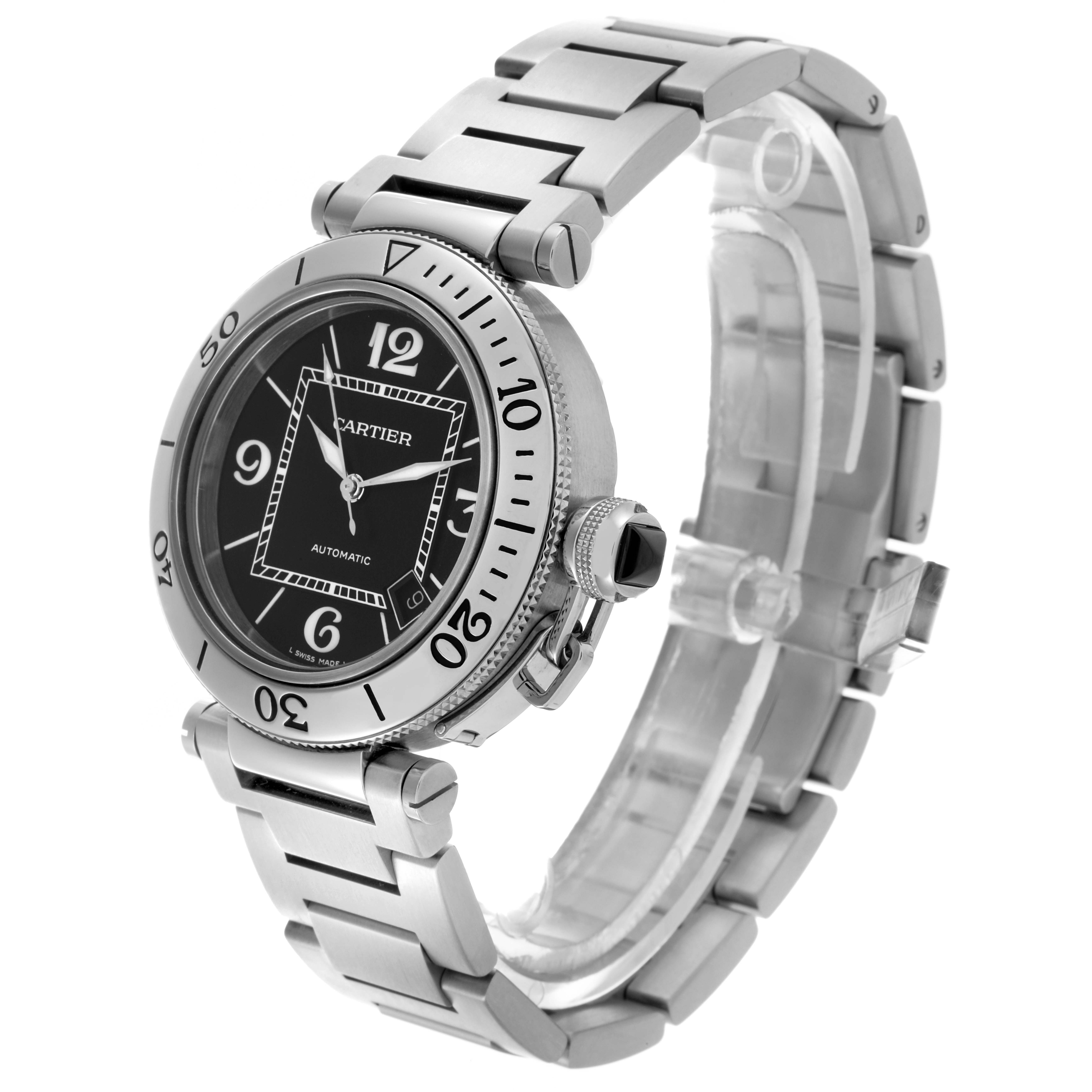 The Cartier Pasha W31077M7 Men's Stainless Steel Black Dial W31077M7 Men's Stainless Steel Black Dial watch is shown at a three-quarter angle, revealing the face, bezel, crown, and bracelet.