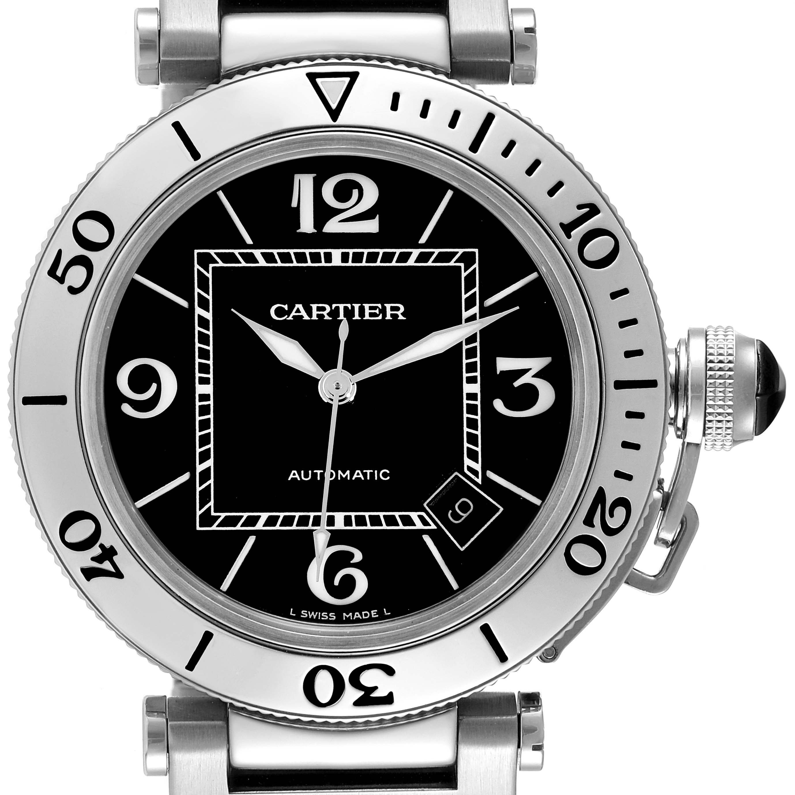 The image shows a front view of the Cartier Pasha W31077M7 Men's Stainless Steel Black Dial W31077M7 Men's Stainless Steel Black Dial watch, highlighting the dial, bezel, and crown.